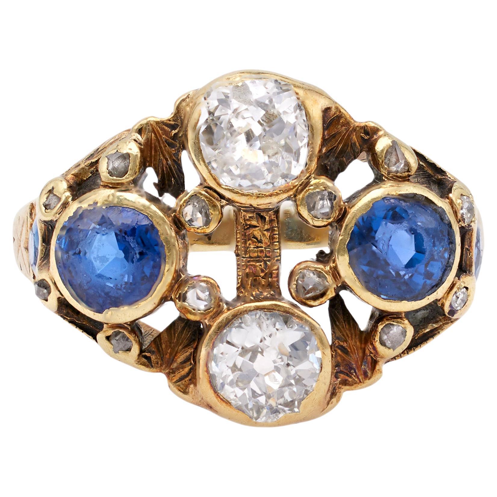 Antique French Diamond and Synthetic Sapphire 14k Yellow Gold Ring