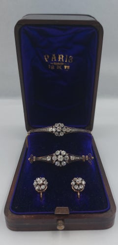 Antique French Diamond Bangle Brooch Earrings Luxury Original Box Parure Set
