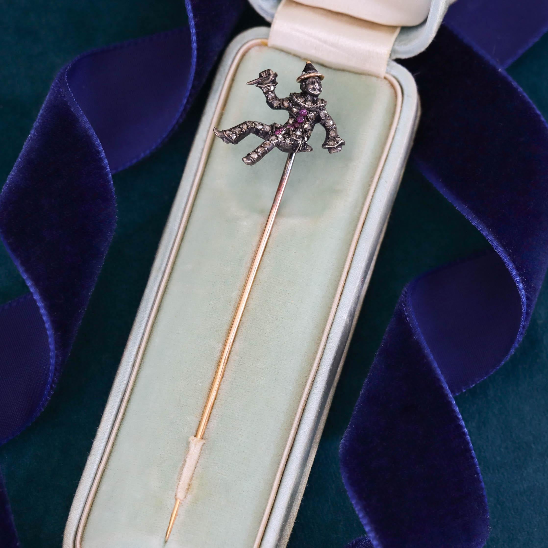 Women's Antique French Diamond Clown with Knife Stickpin For Sale