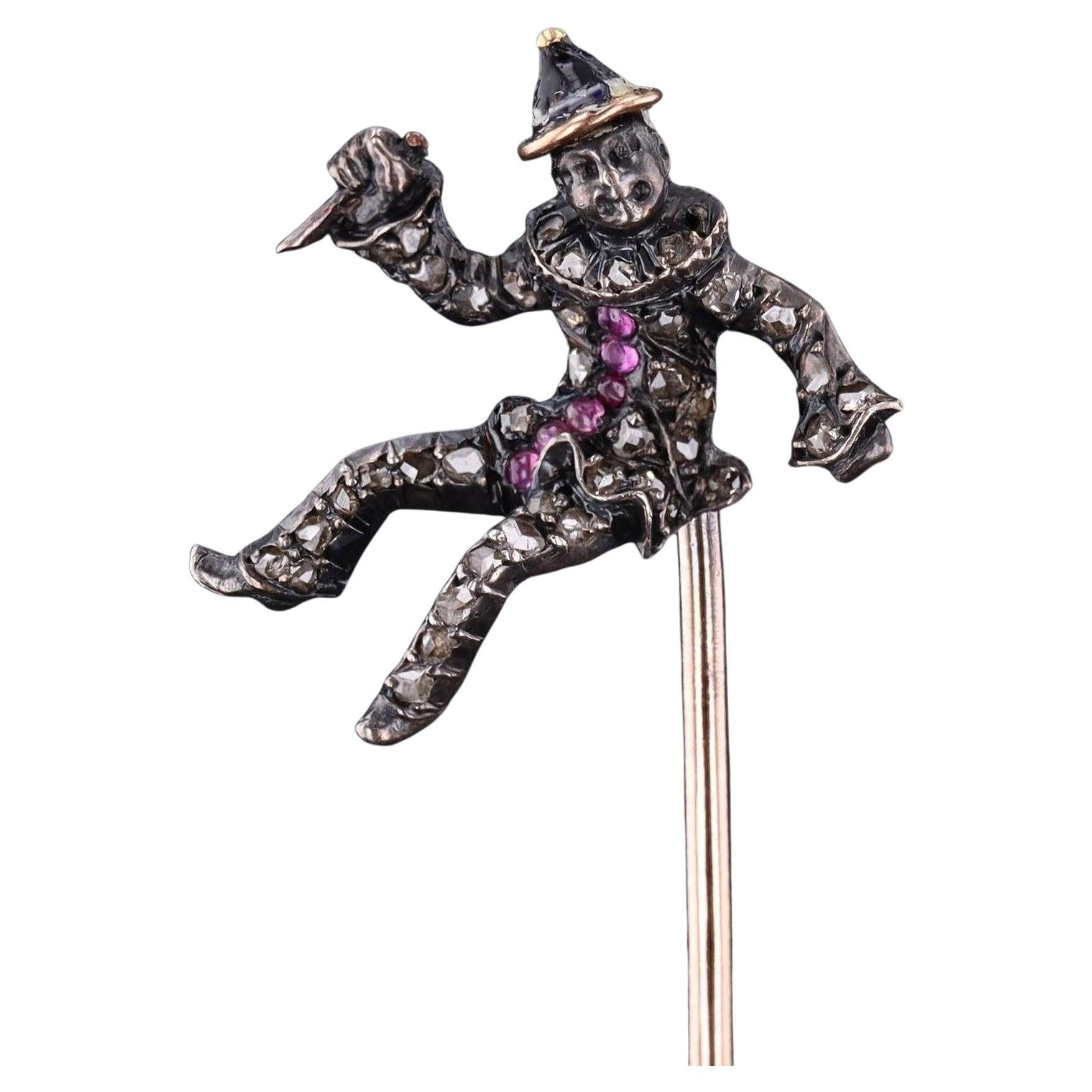 Antique French Diamond Clown with Knife Stickpin For Sale
