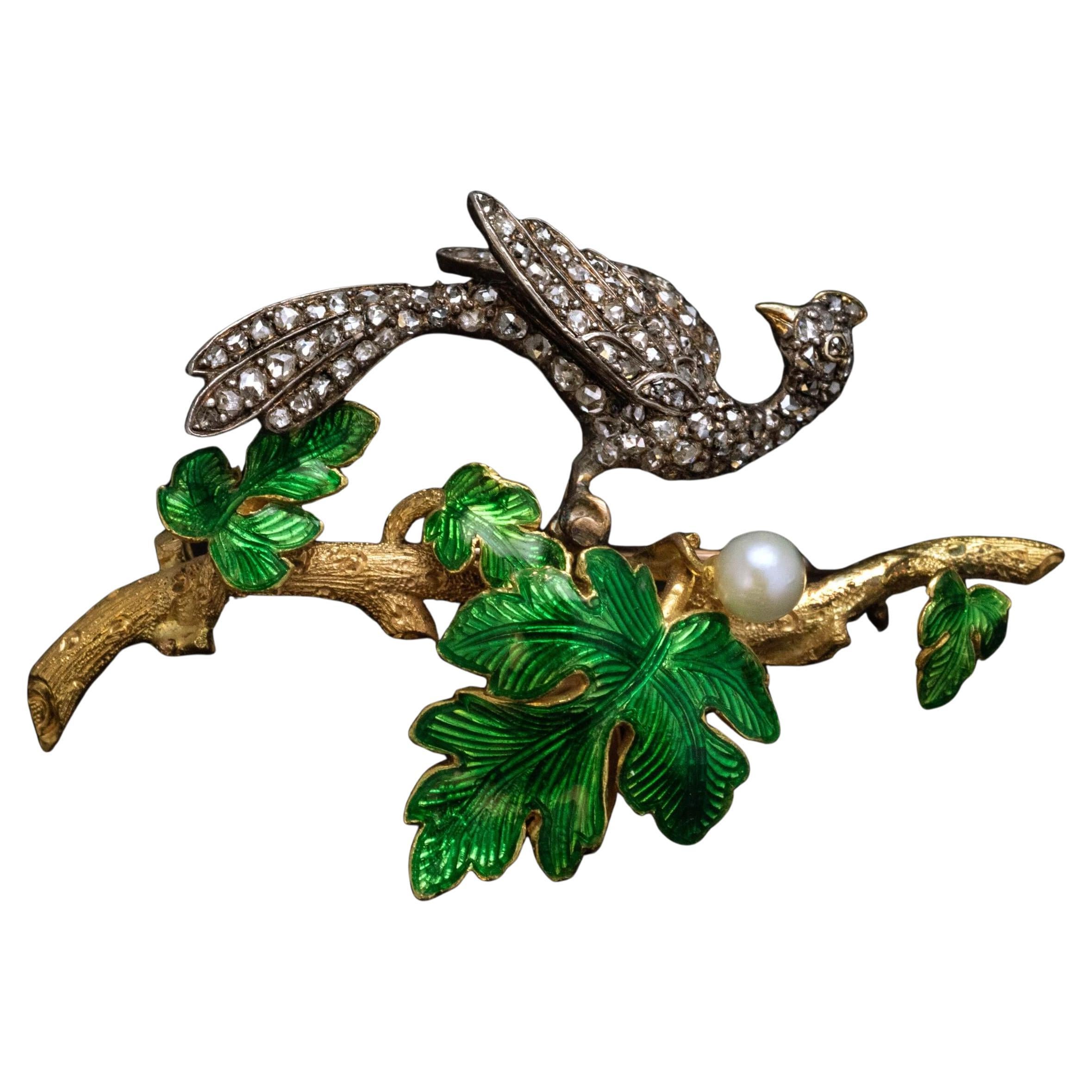 Antique French Diamond Enamel Gold Brooch 1840s