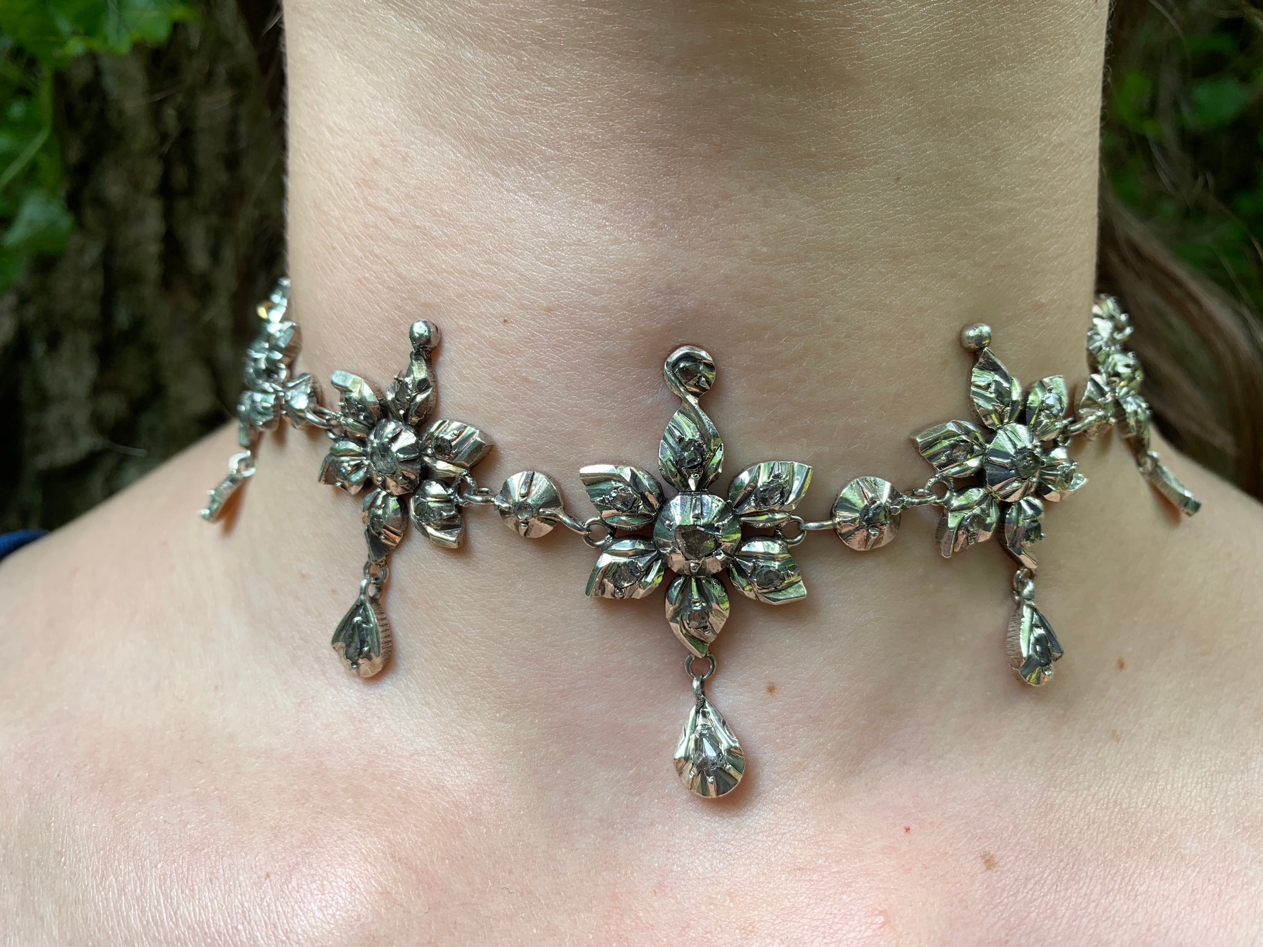 silver flower choker necklace