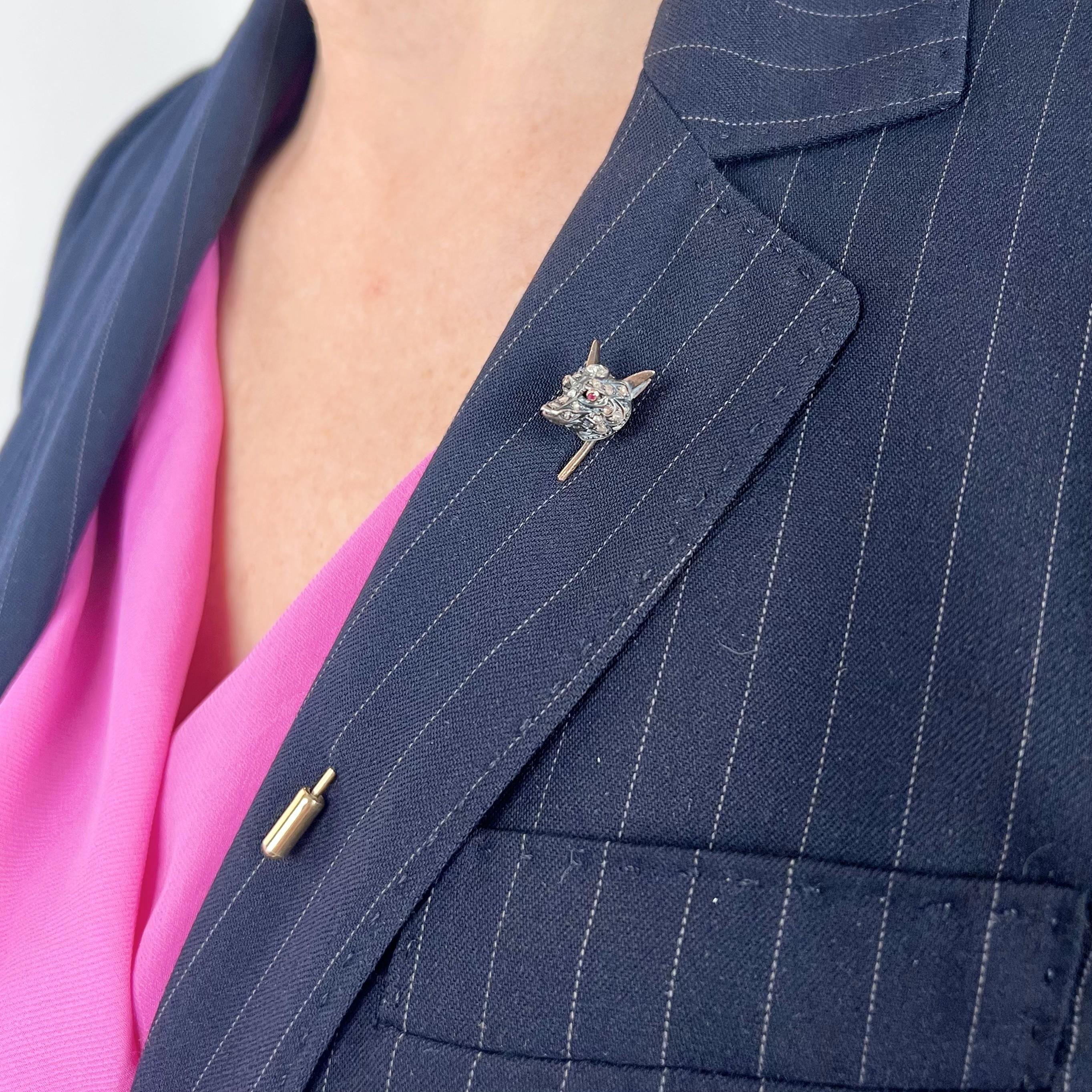 Antique French Diamond Fox Stickpin of Silver and 18k Gold In Excellent Condition For Sale In Lewisburg, PA