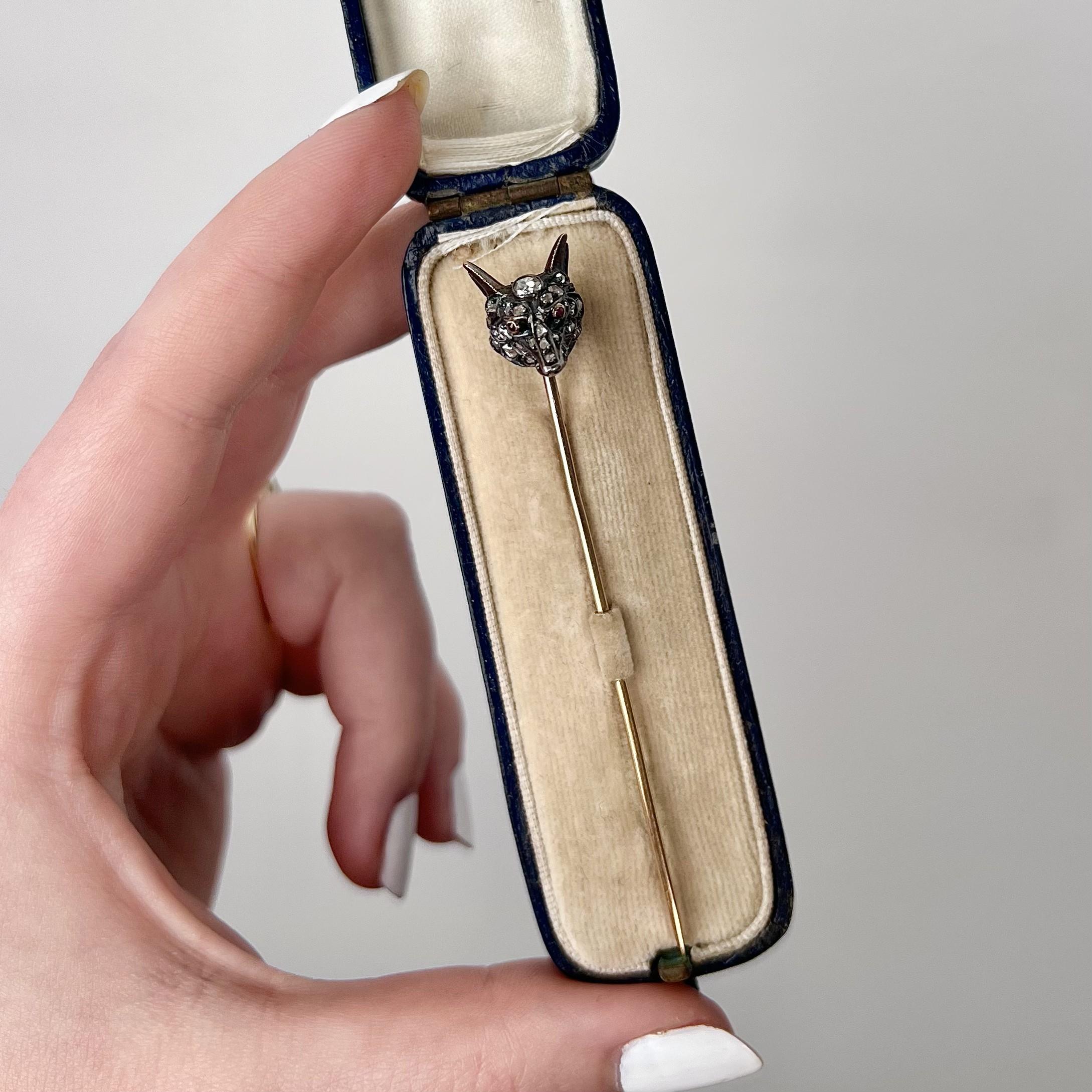 Women's Antique French Diamond Fox Stickpin of Silver and 18k Gold For Sale