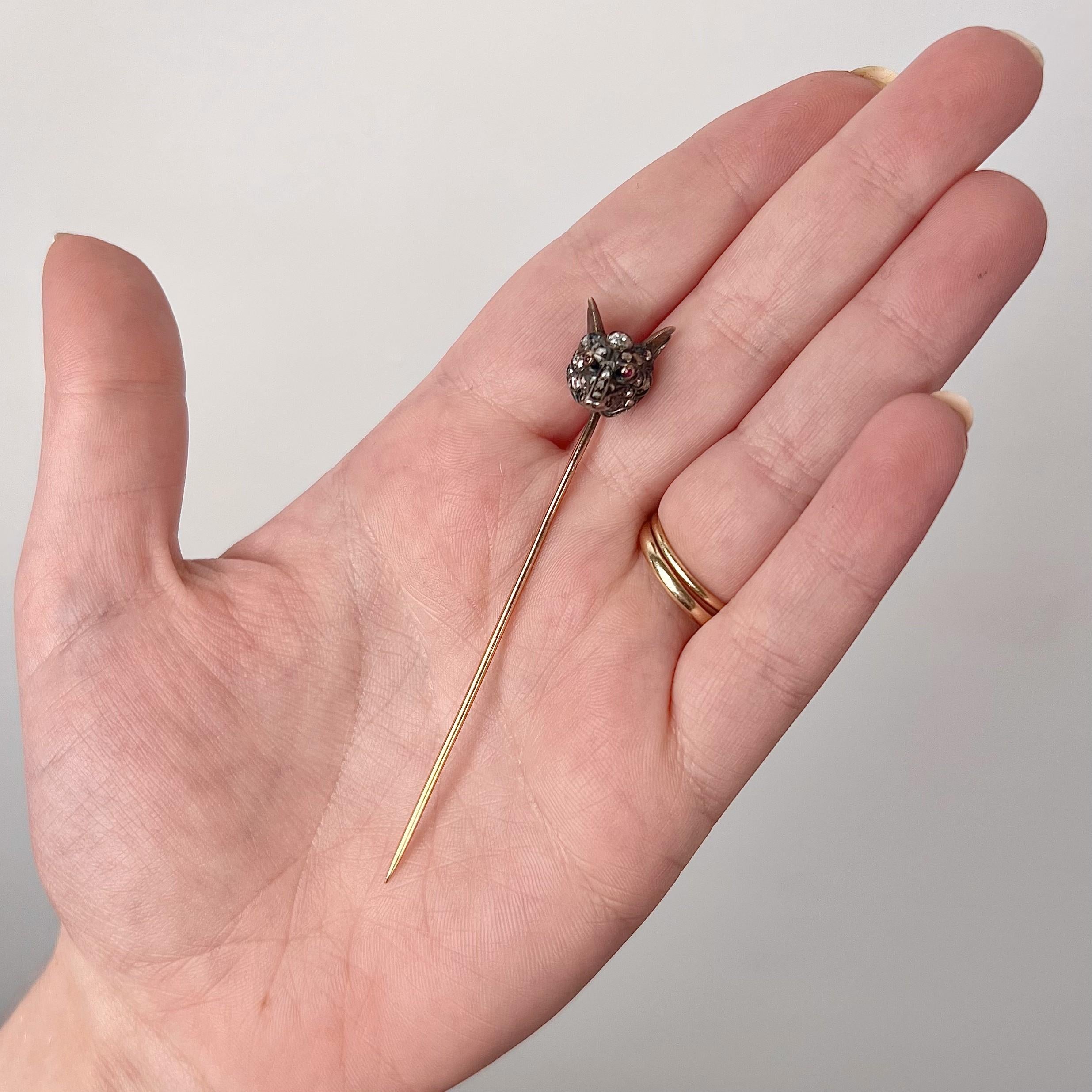 Antique French Diamond Fox Stickpin of Silver and 18k Gold For Sale 1