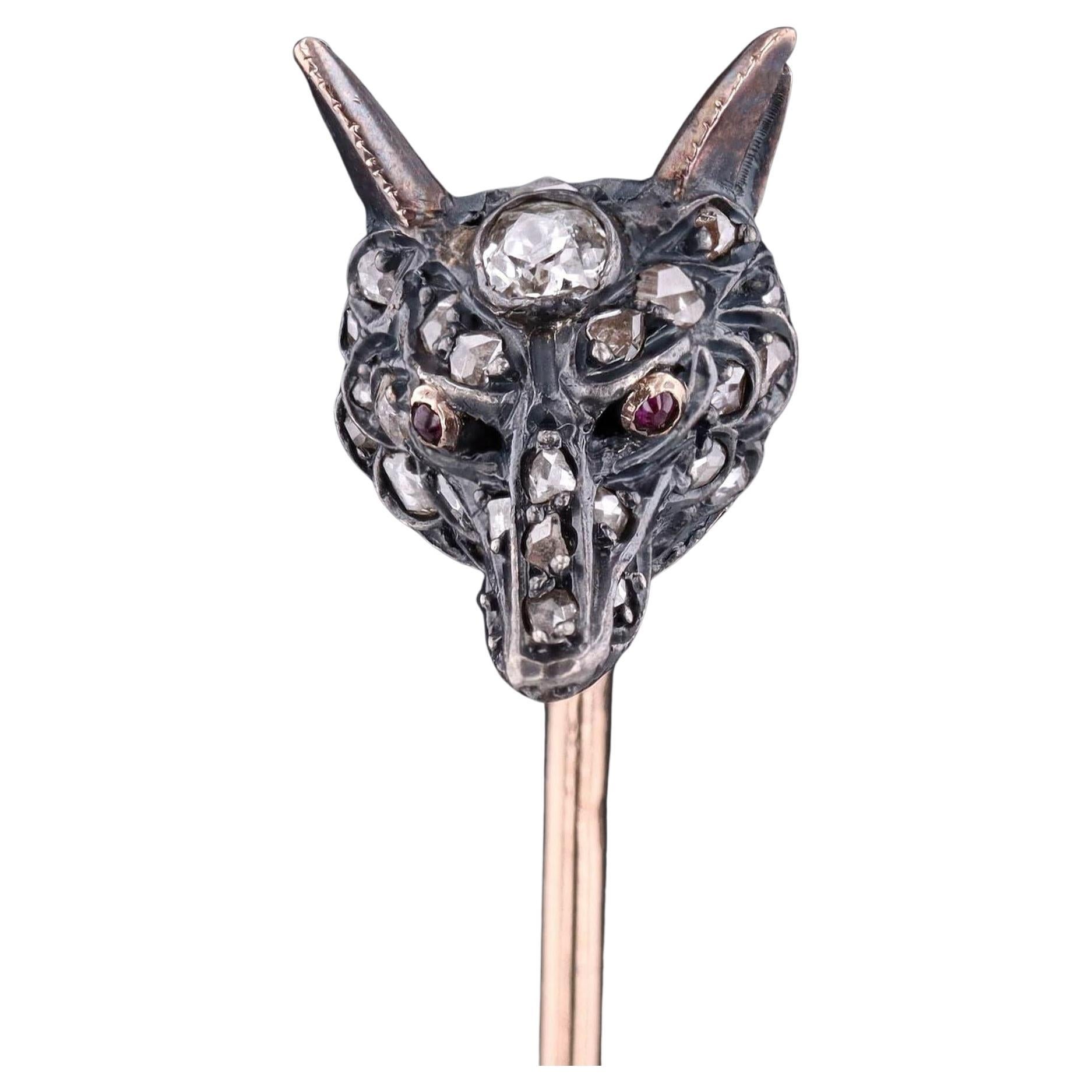 Antique French Diamond Fox Stickpin of Silver and 18k Gold