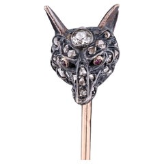 Antique French Diamond Fox Stickpin of Silver and 18k Gold