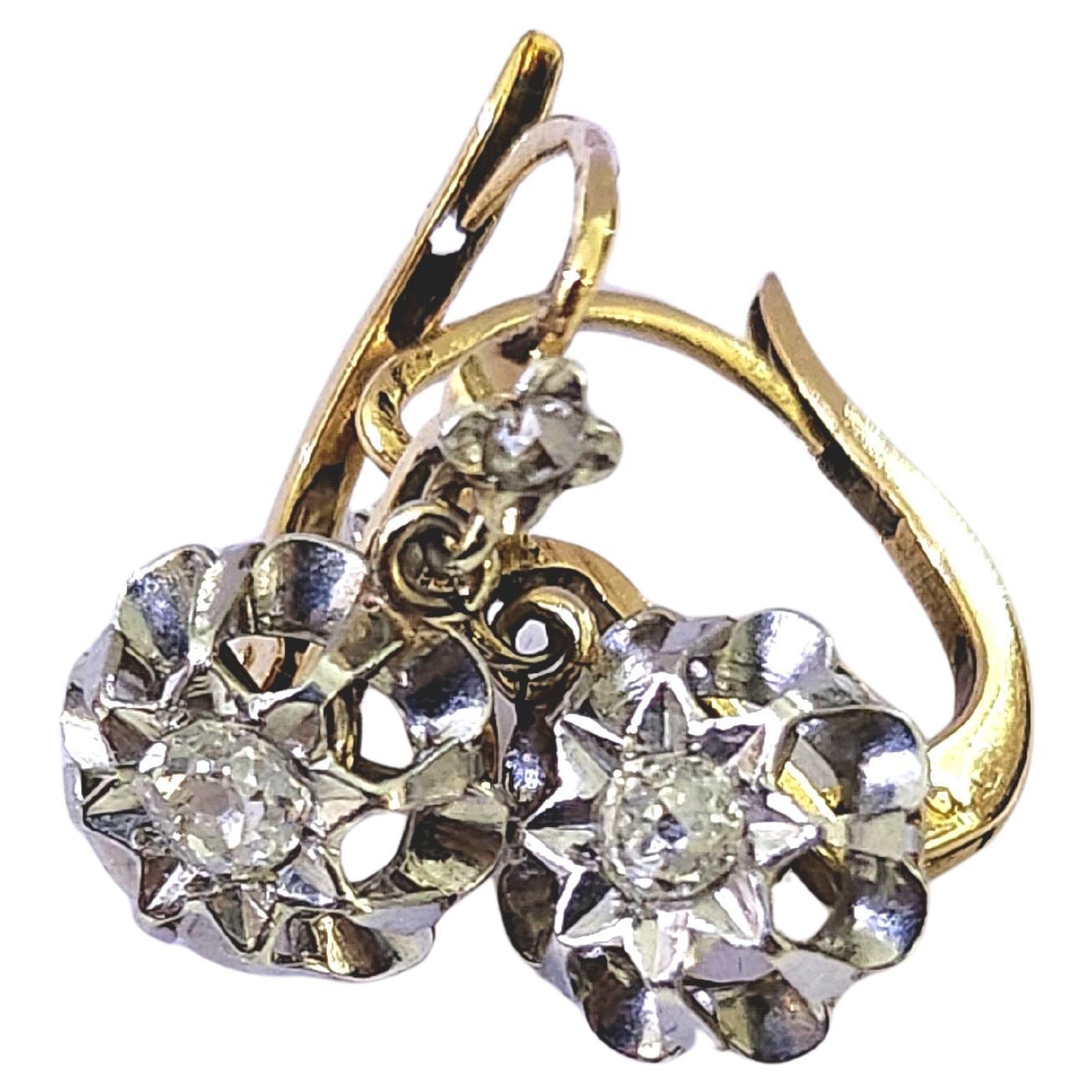 Pendientes franceses antiguos de oro blanco y oro amarillo de 18 quilates con diamantes talla mina antigua de 0,10 quilates en desine colgante juguetón datan de francia 1900s hall marcados con águila francesa pendientes estándar de oro de 18