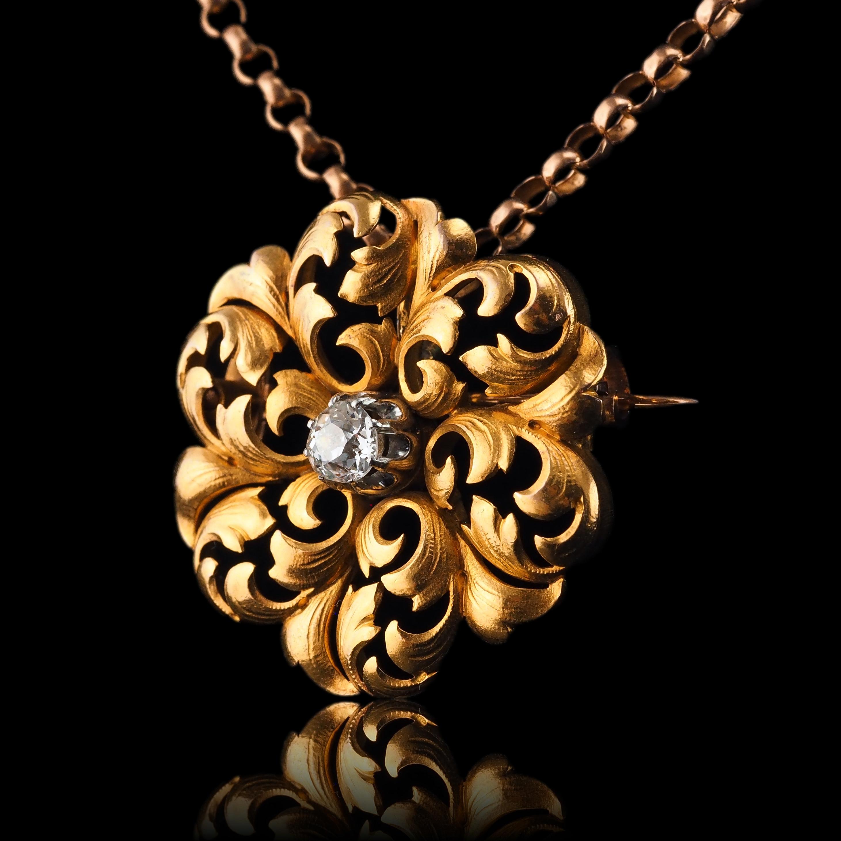 Antique French Diamond Necklace 18K Gold Pendant Brooch 19th C. Flower Acanthus For Sale 6