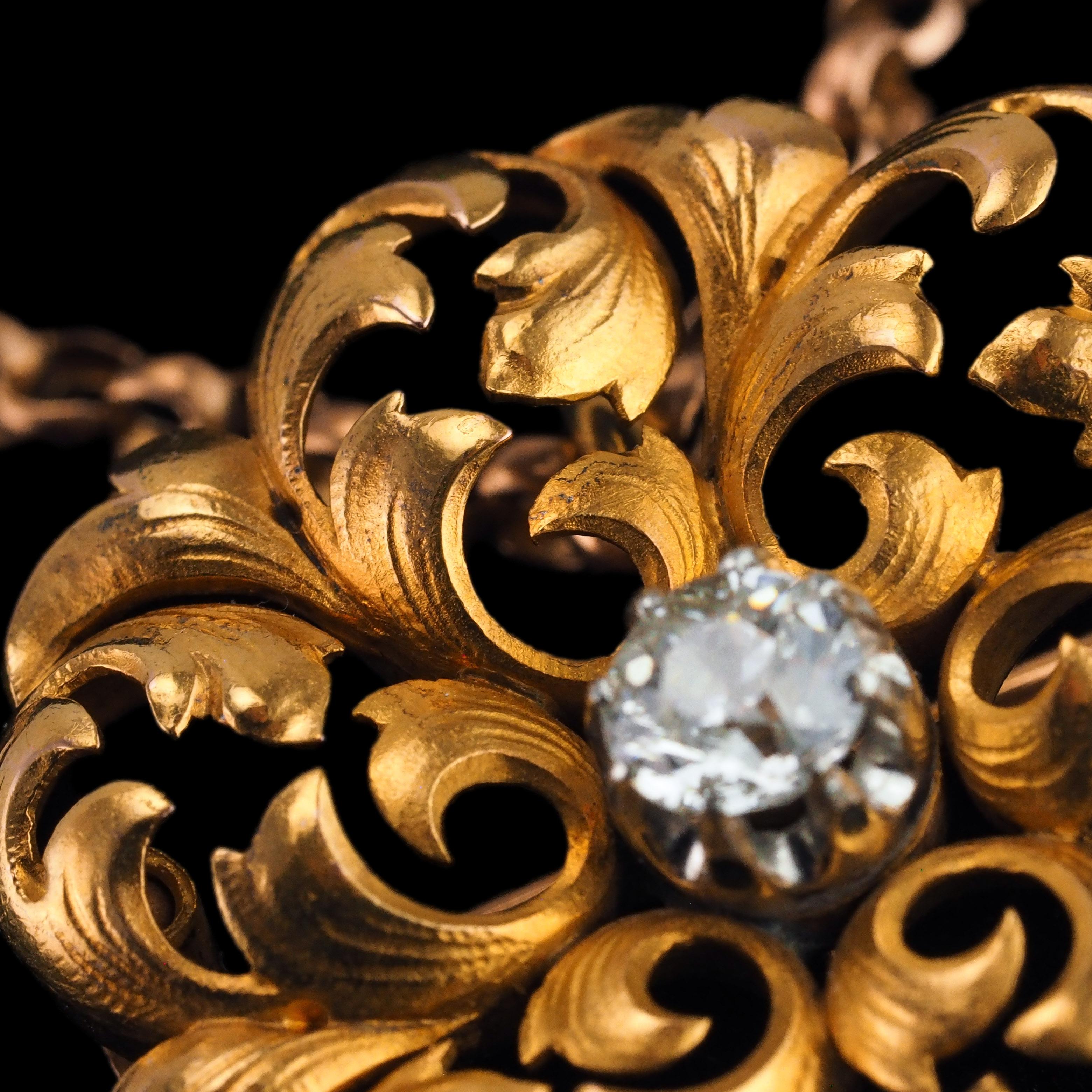 Antique French Diamond Necklace 18K Gold Pendant Brooch 19th C. Flower Acanthus For Sale 12