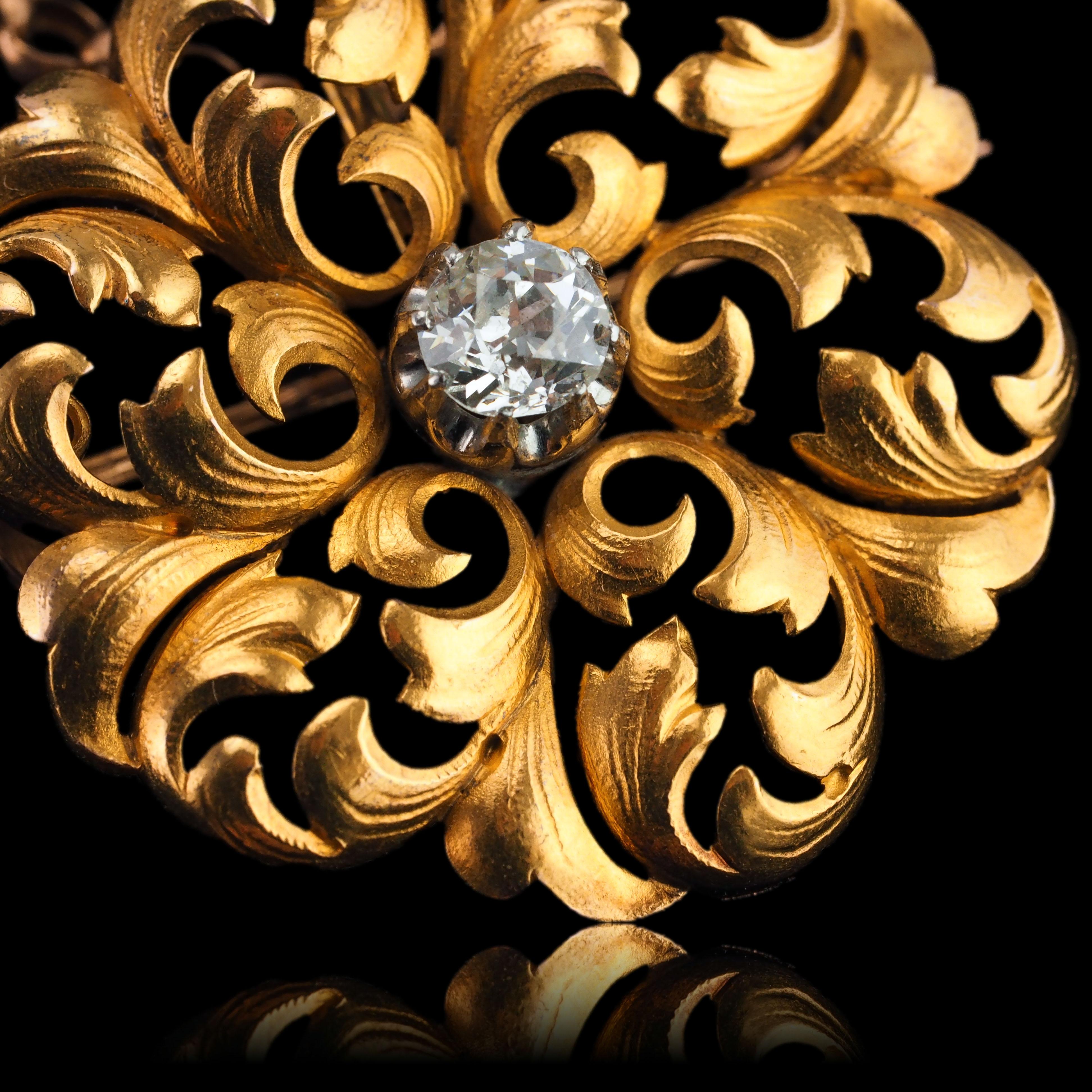 Antique French Diamond Necklace 18K Gold Pendant Brooch 19th C. Flower Acanthus For Sale 13