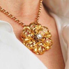 Antique French Diamond Necklace 18K Gold Pendant Brooch 19th C. Flower Acanthus