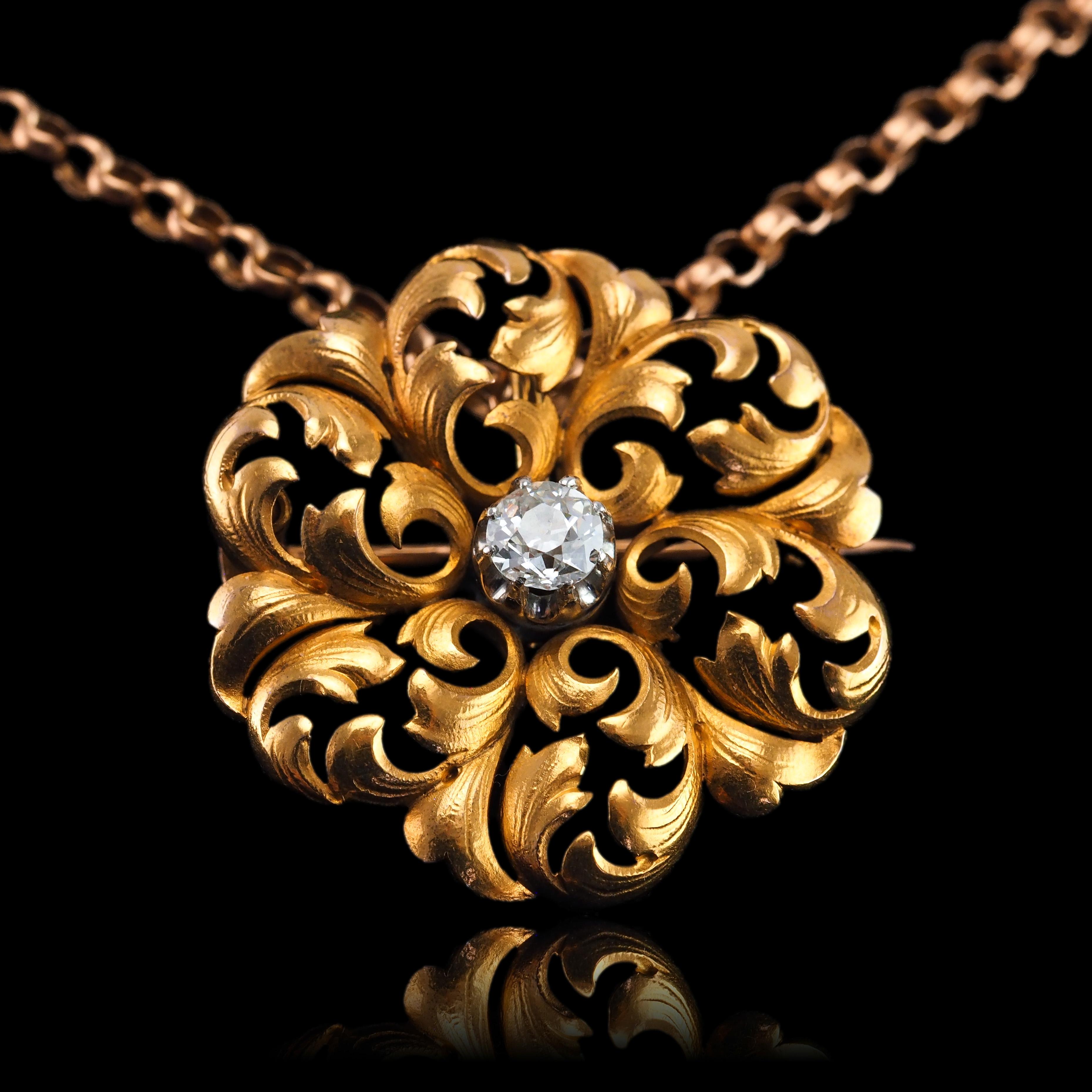 Antique French Diamond Necklace 18K Gold Pendant Brooch 19th C. Flower Acanthus For Sale 15