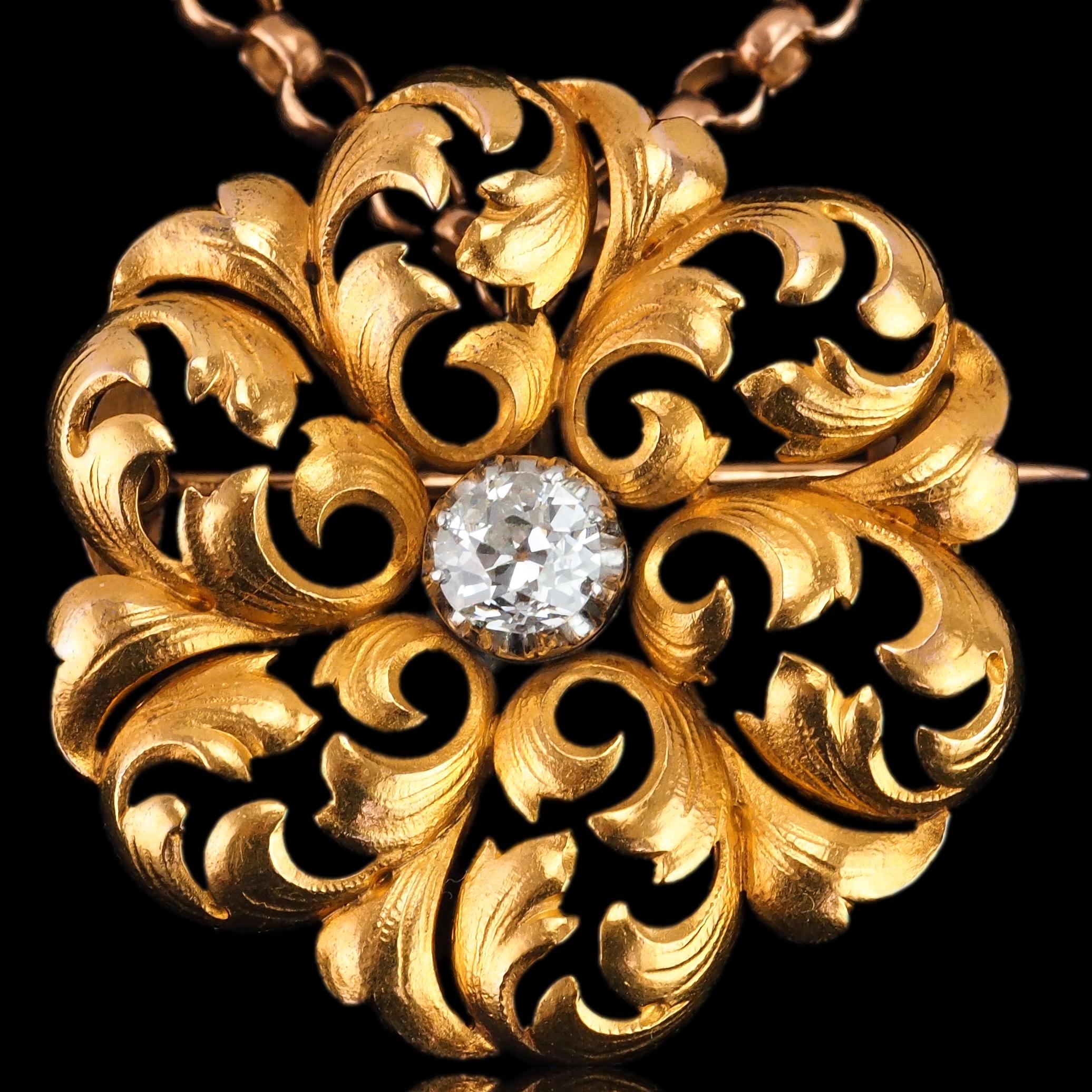 Antique French Diamond Necklace 18K Gold Pendant Brooch 19th C. Flower Acanthus In Good Condition For Sale In London, GB