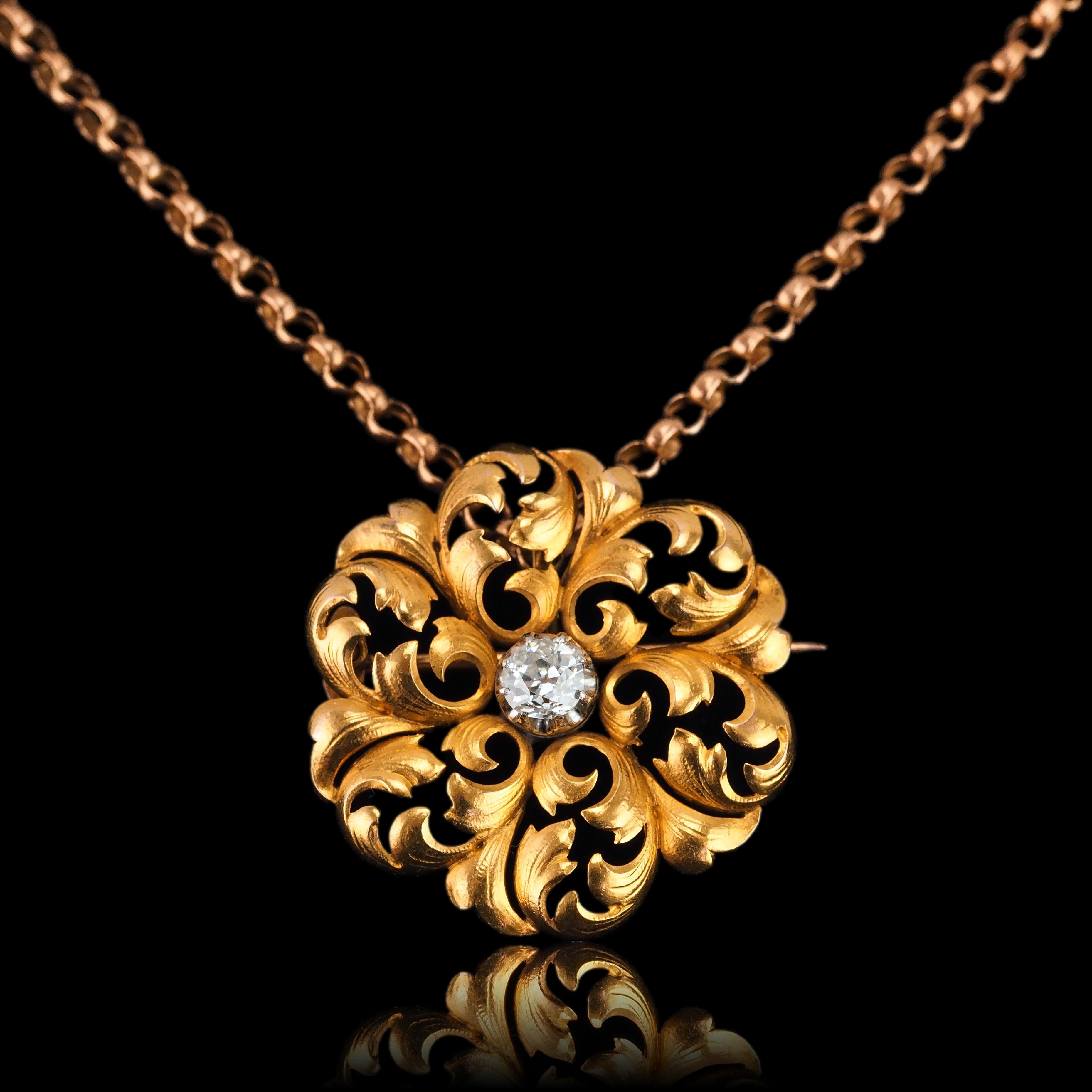 Women's or Men's Antique French Diamond Necklace 18K Gold Pendant Brooch 19th C. Flower Acanthus For Sale