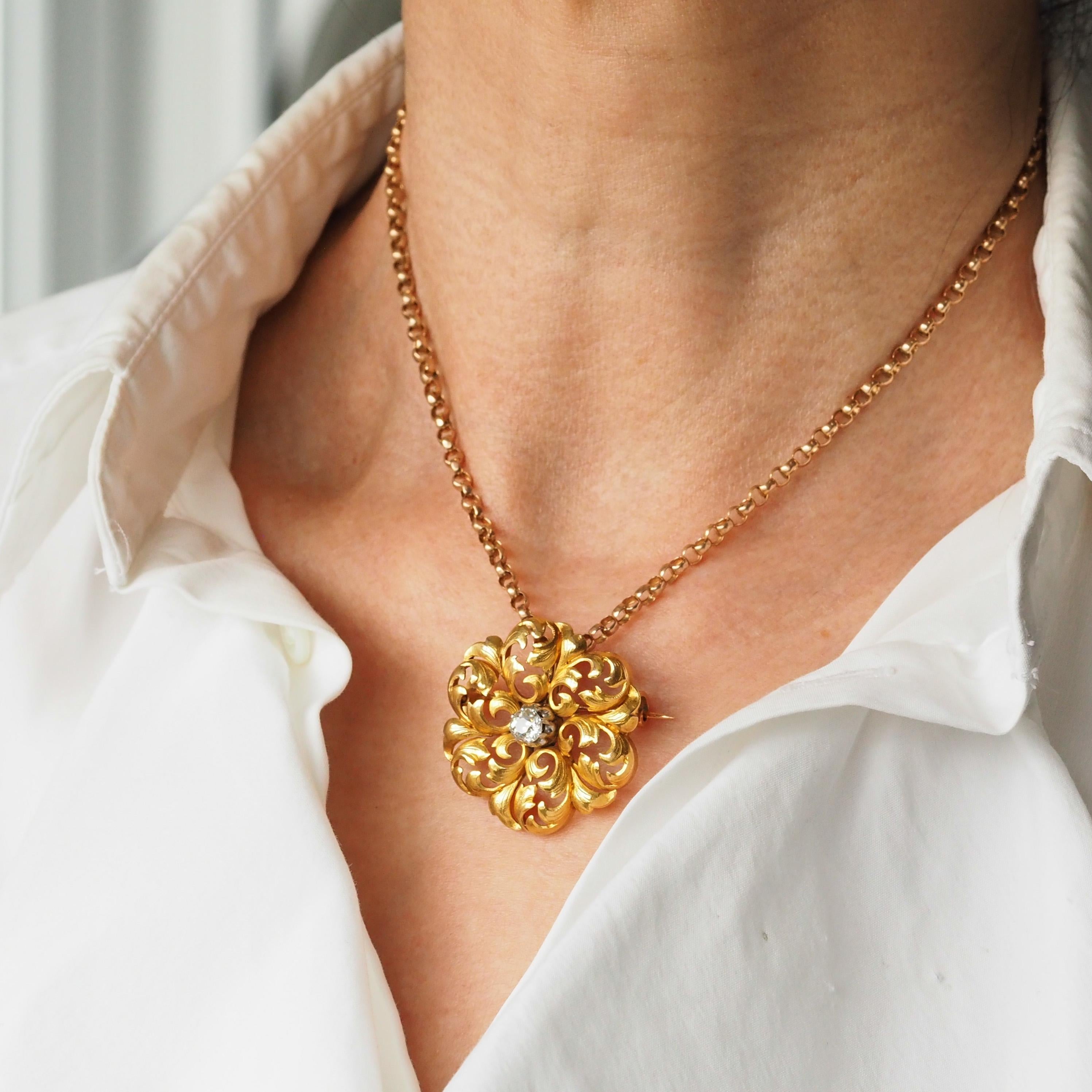 Collar de diamantes Antique French Broche colgante de oro de 18 quilates S. XIX Flor de acanto en venta 2