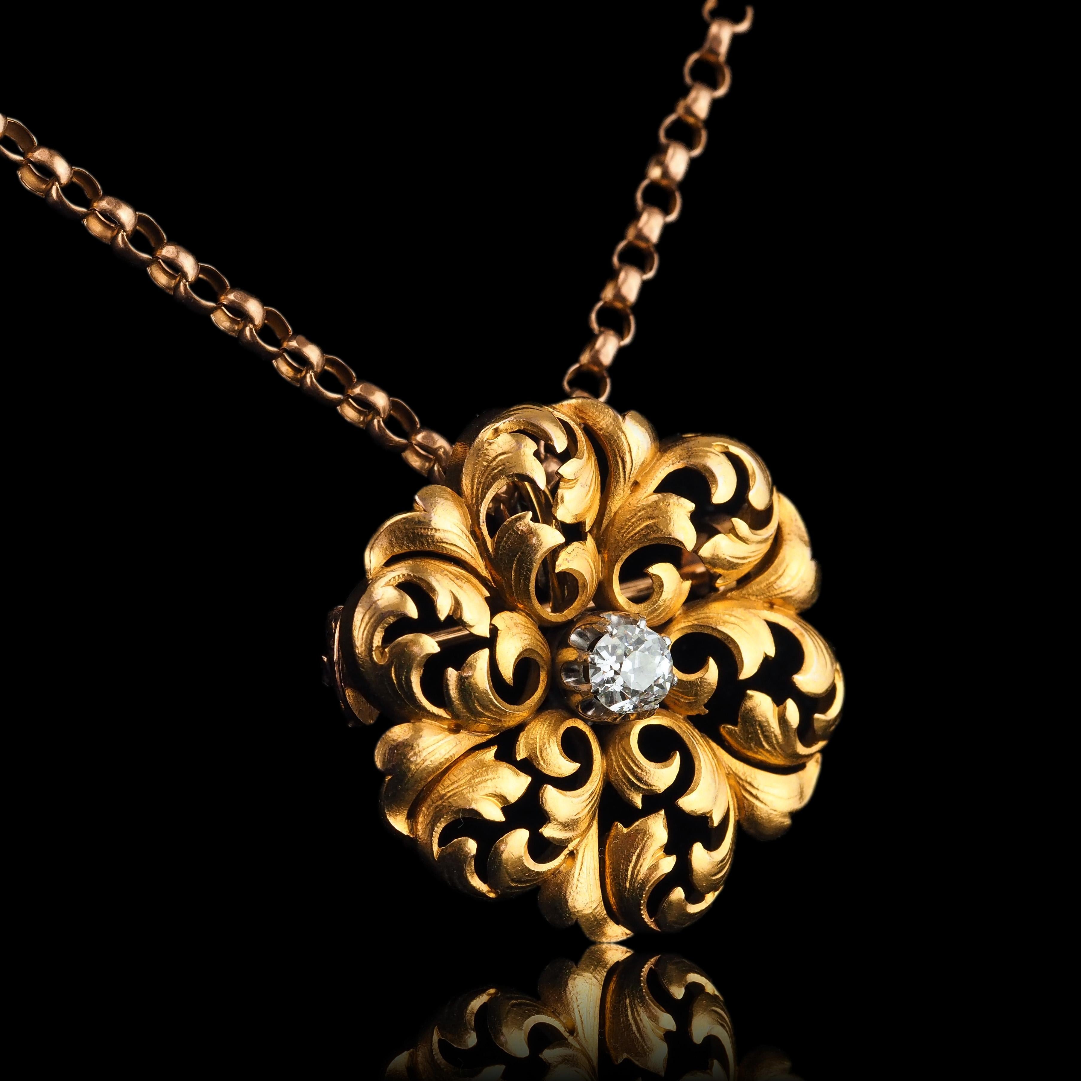 Antique French Diamond Necklace 18K Gold Pendant Brooch 19th C. Flower Acanthus For Sale 4