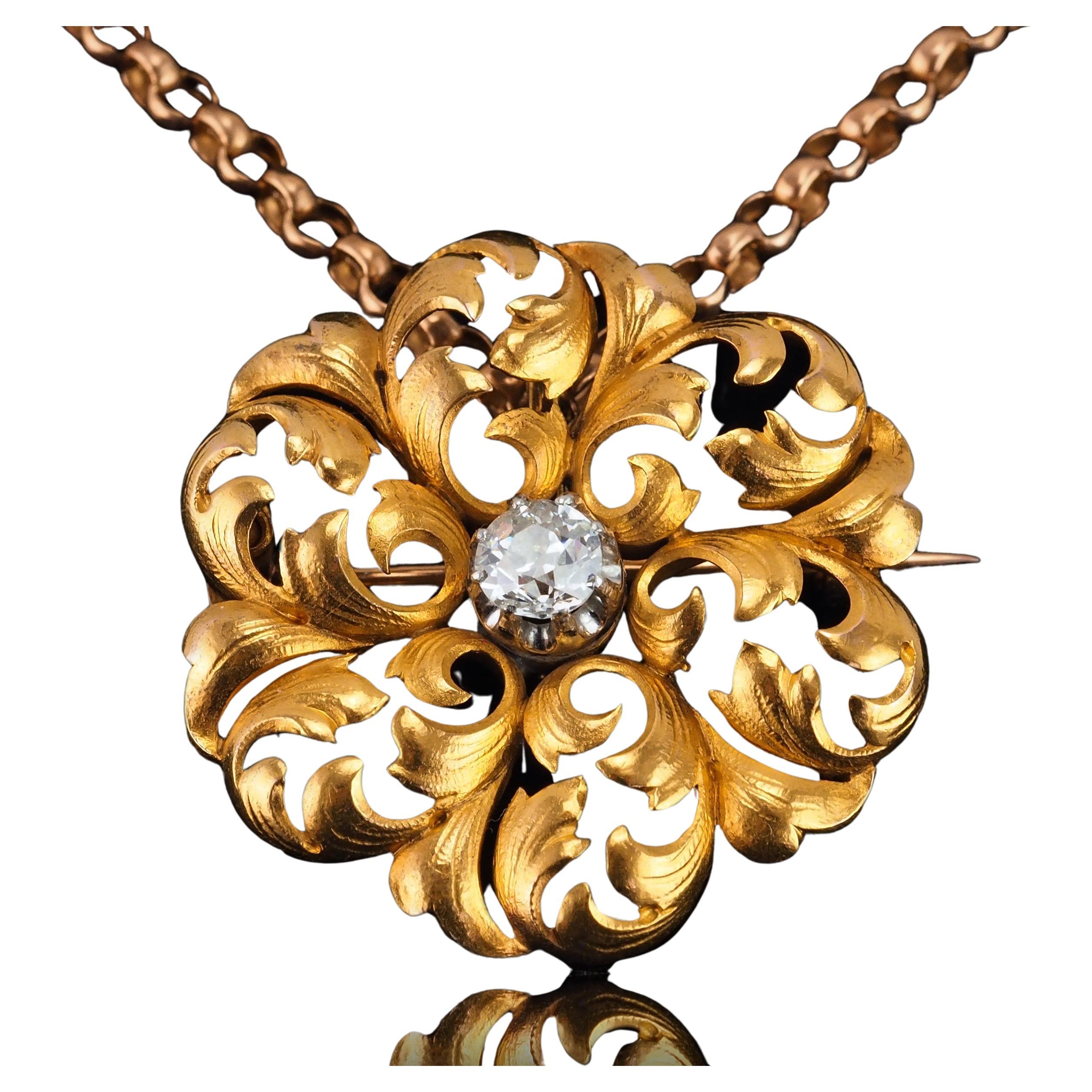 Antique French Diamond Necklace 18K Gold Pendant Brooch 19th C. Flower Acanthus For Sale