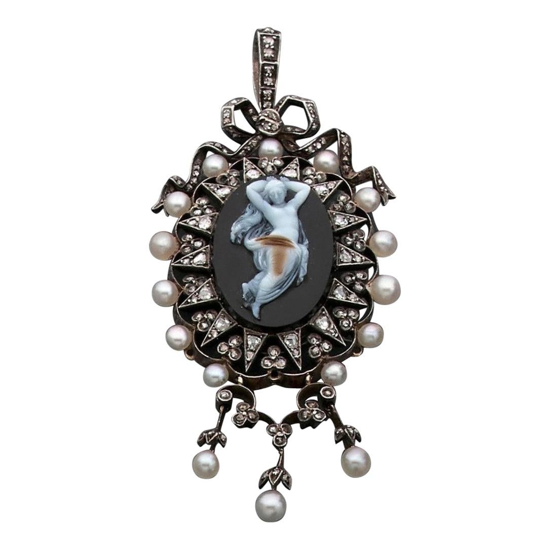 Antique French Diamond Pearl and Cameo Pendant