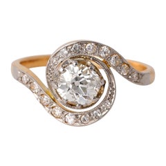 Antique French Diamond Platinum 18k Yellow Gold Tourbillion Swirl Ring