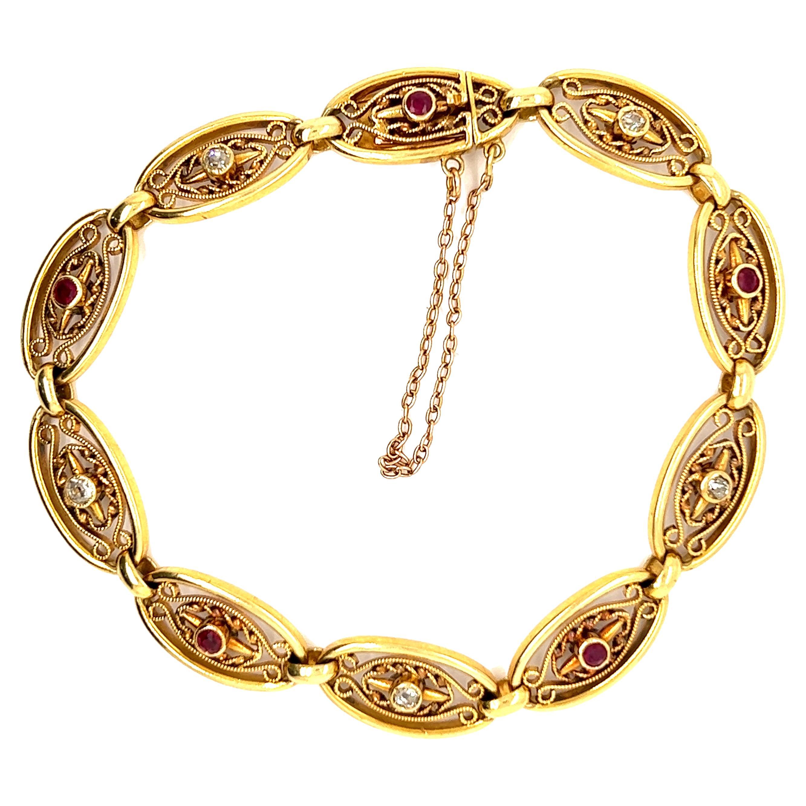 Antique French Diamond Ruby 18 Karat Gold Fancy Link Bracelet