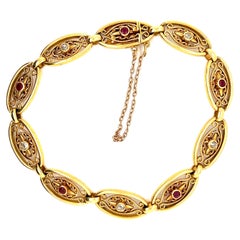 Antique French Diamond Ruby 18 Karat Gold Fancy Link Bracelet