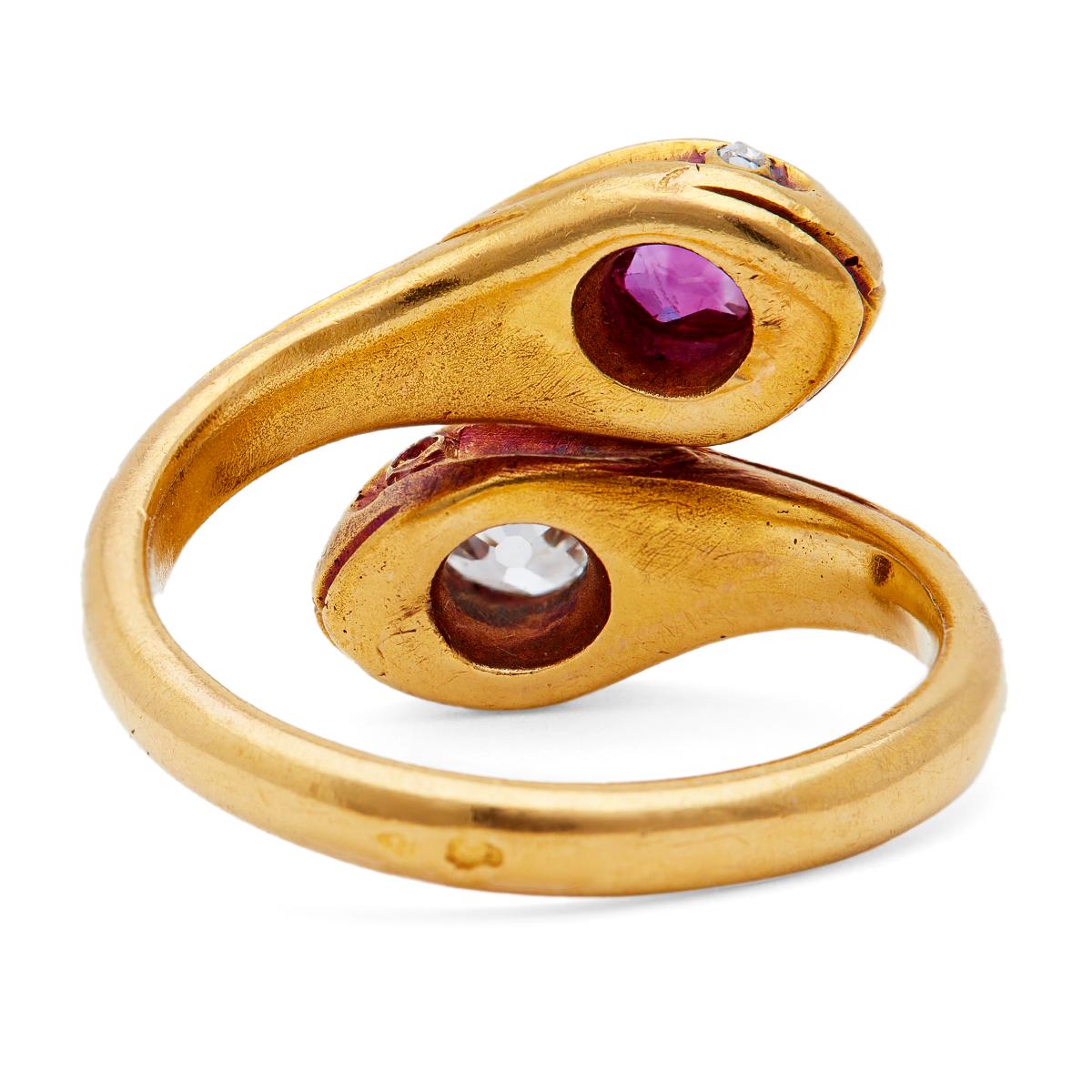 Women's or Men's Antique French Diamond Ruby 18k Yellow Gold Twin Snakes Ring