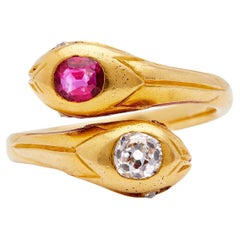 Antique French Diamond Ruby 18k Yellow Gold Twin Snakes Ring