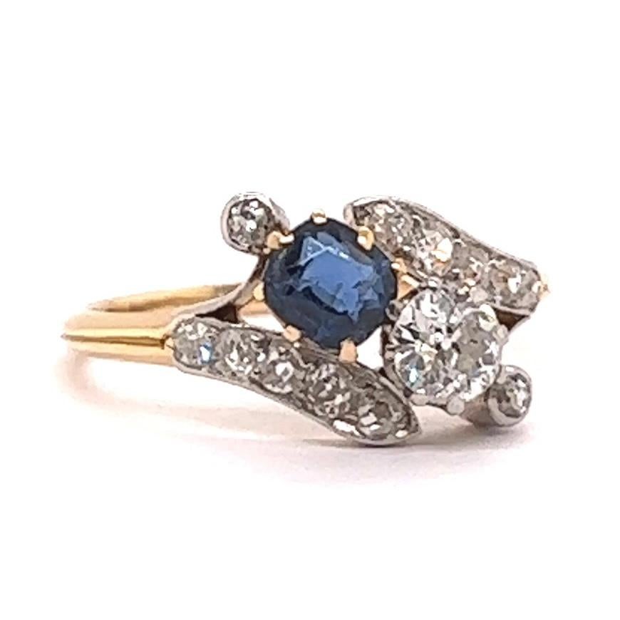 Antiker französischer Diamant-Saphir-Ring aus 18 Karat Gold und Platin Toi et Moi (Rundschliff)