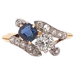 Antiker französischer Diamant-Saphir-Ring aus 18 Karat Gold und Platin Toi et Moi