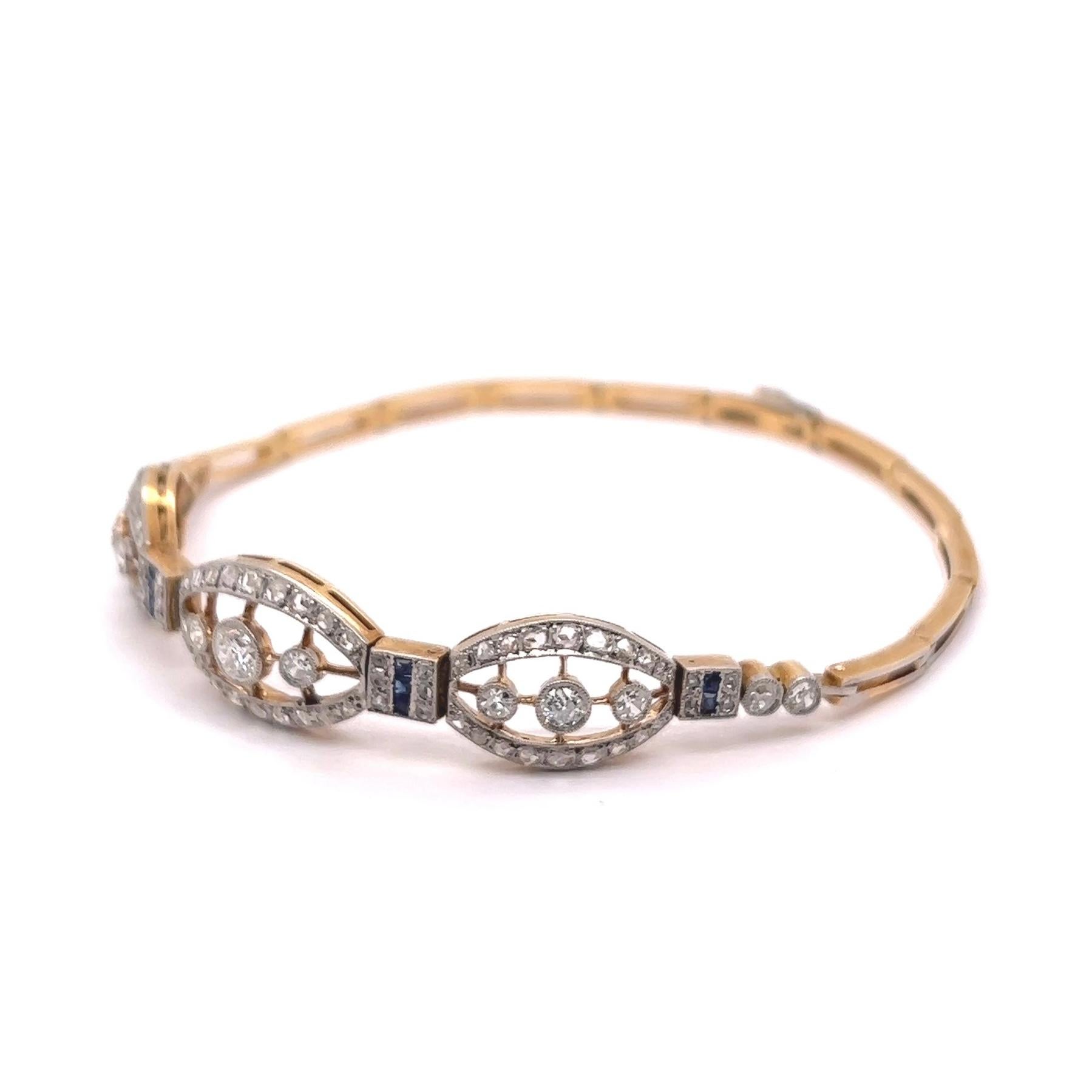 Belle Époque Antique French Diamond Sapphire 18 Karat Yellow Gold Platinum Bracelet