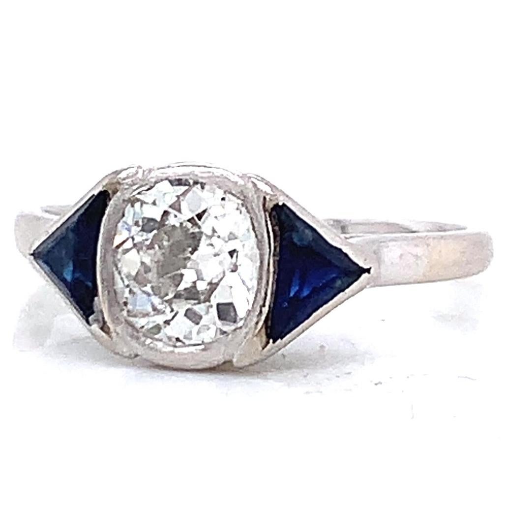 Women's or Men's Antique French Diamond Sapphire Three Stone Platinum Engagement Ring