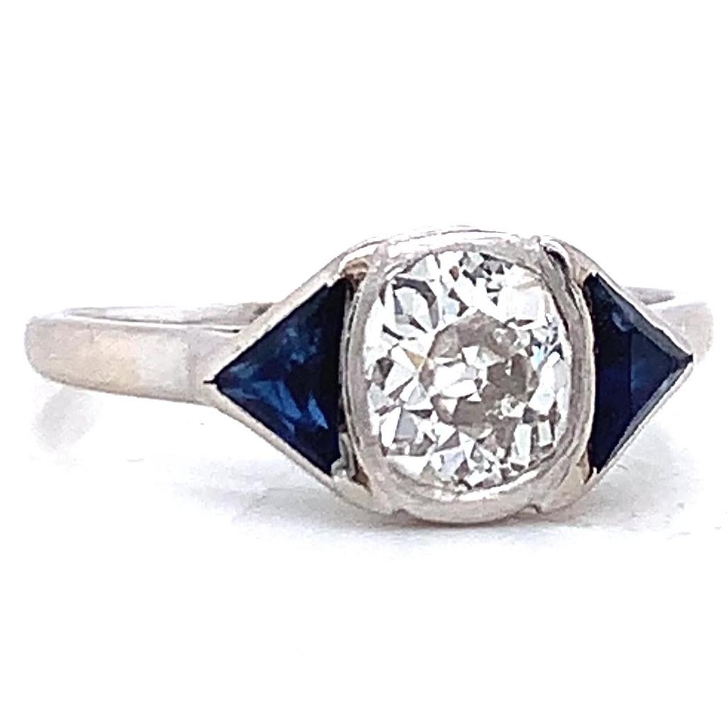 Round Cut Antique French Diamond Sapphire Three Stone Platinum Engagement Ring