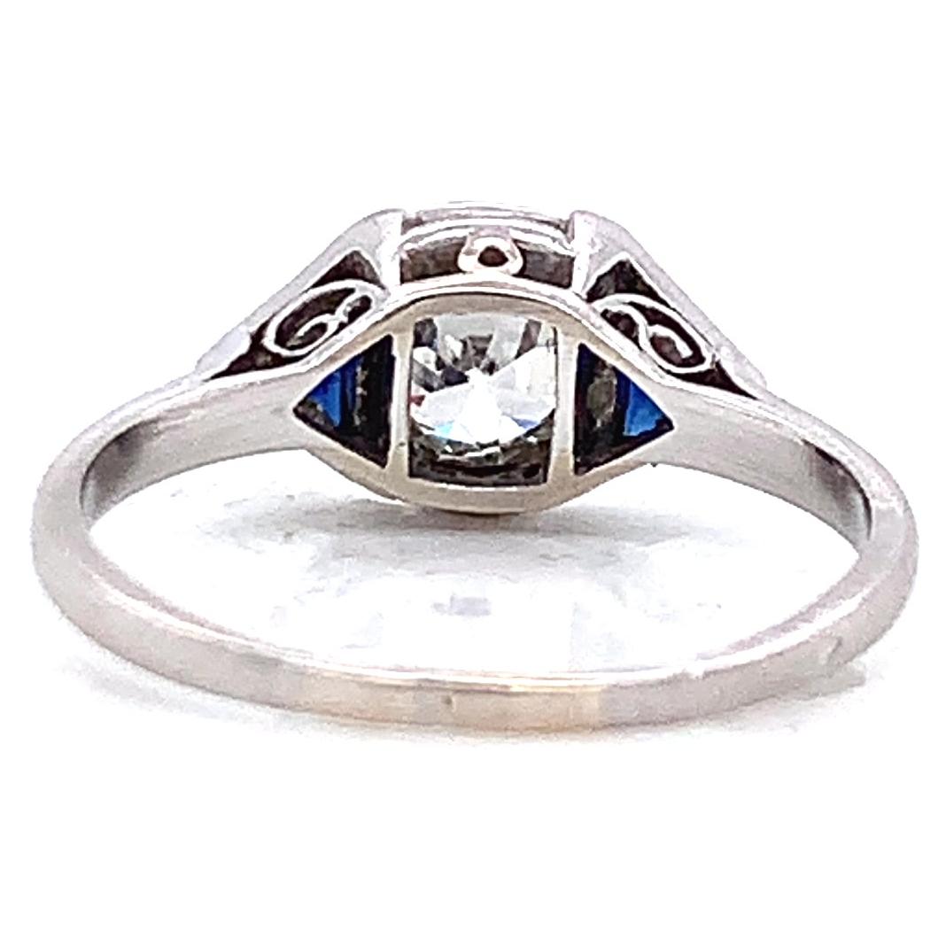 Antique French Diamond Sapphire Three Stone Platinum Engagement Ring In Excellent Condition In Beverly Hills, CA