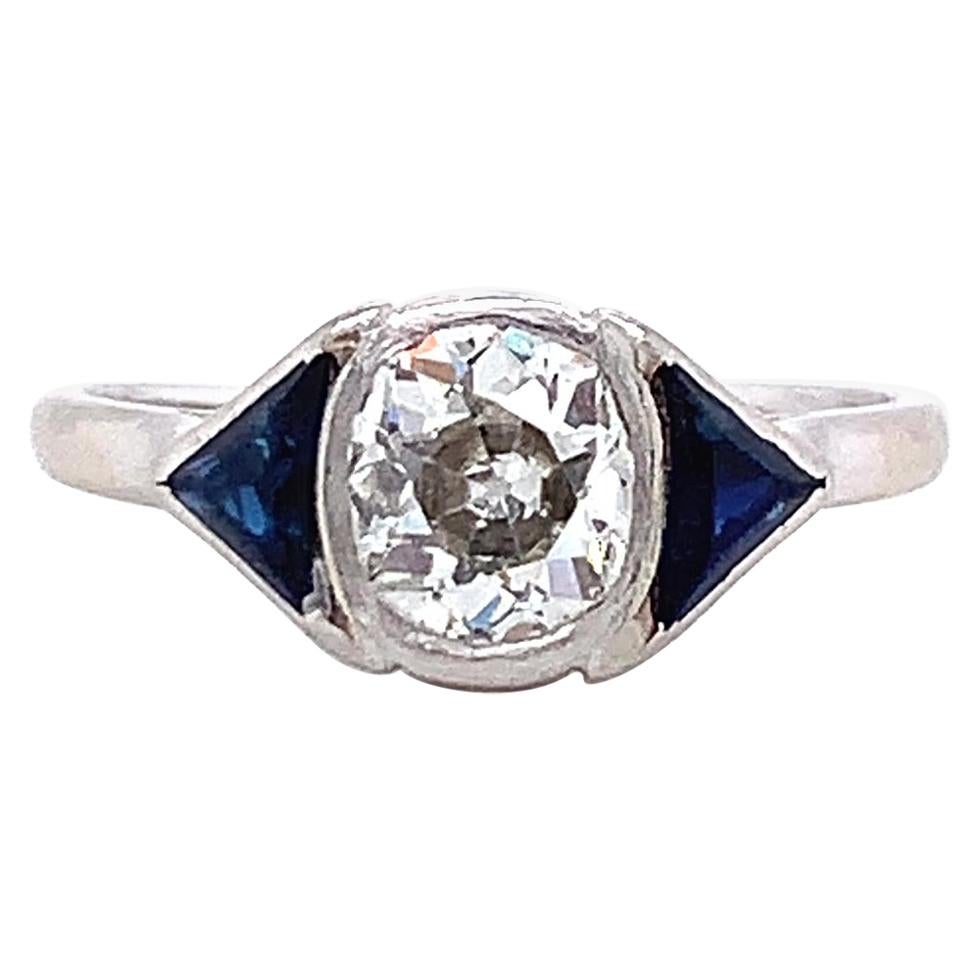 Antique French Diamond Sapphire Three Stone Platinum Engagement Ring