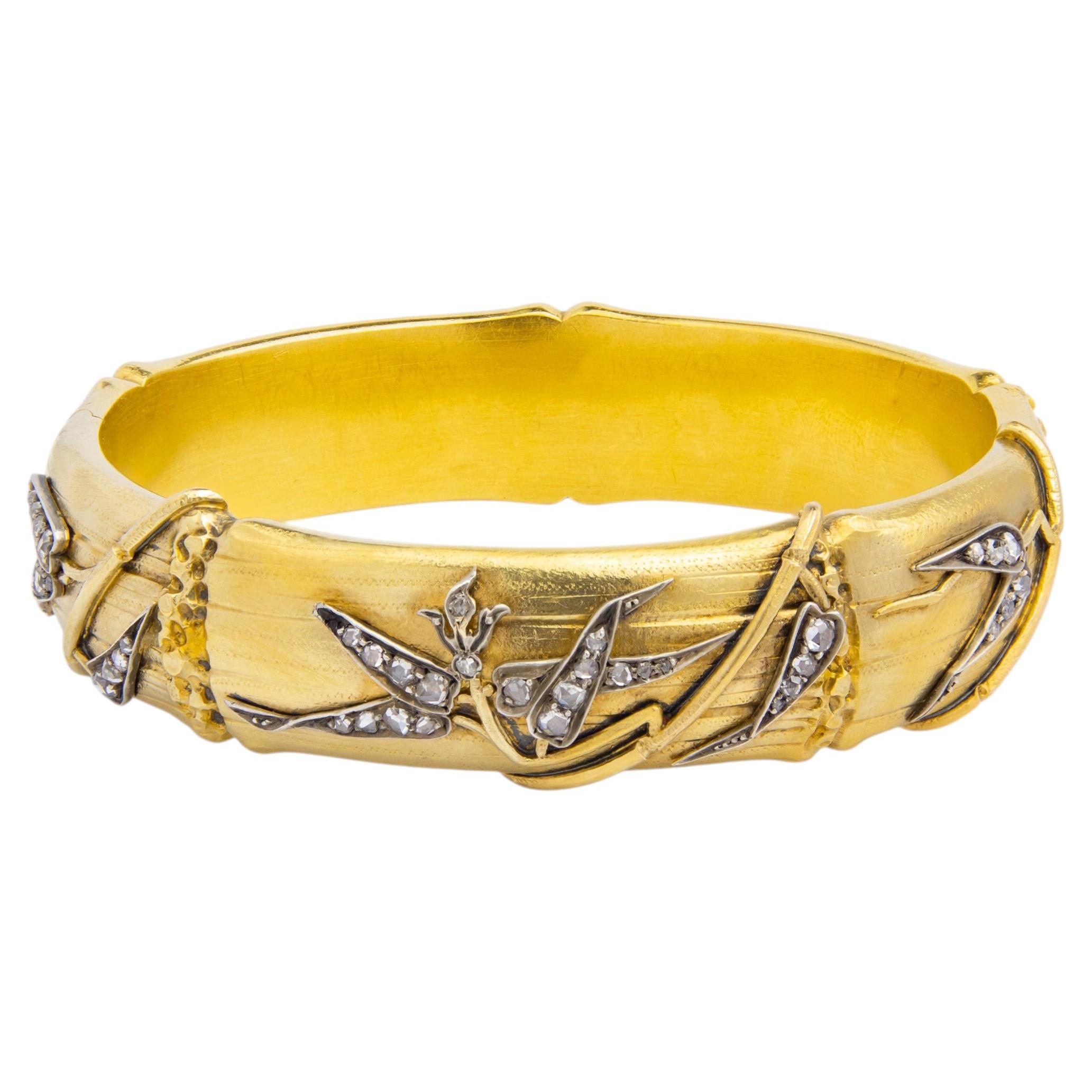 Antique, French, Diamond Set Bamboo Bangle in Original Box For Sale