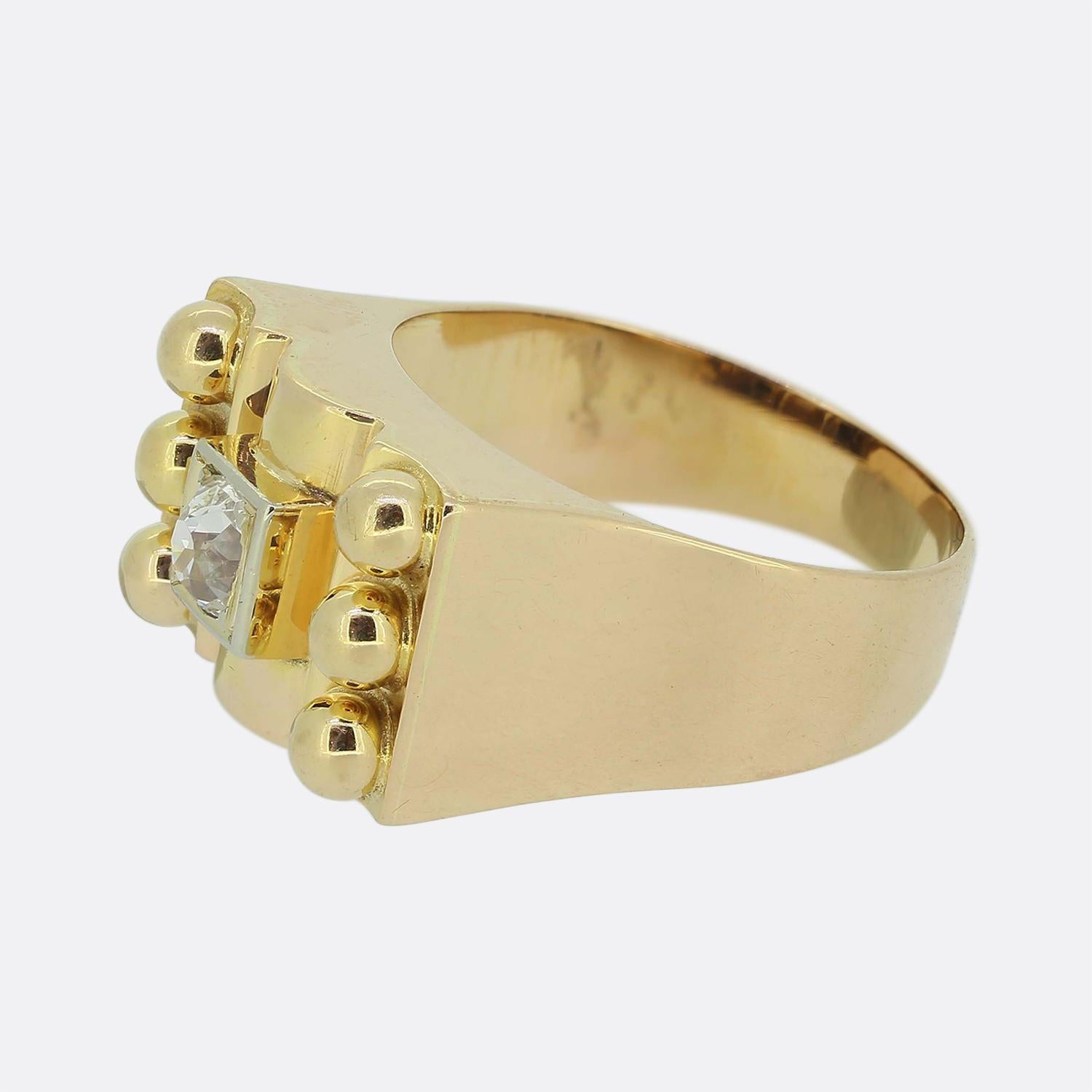 Here we have an alternative yet stylish diamond signet ring taken from the late Victorian period. This antique piece has been crafted from a rich 18ct rose gold and showcases a square shaped head with an undulating face which plays host to a single