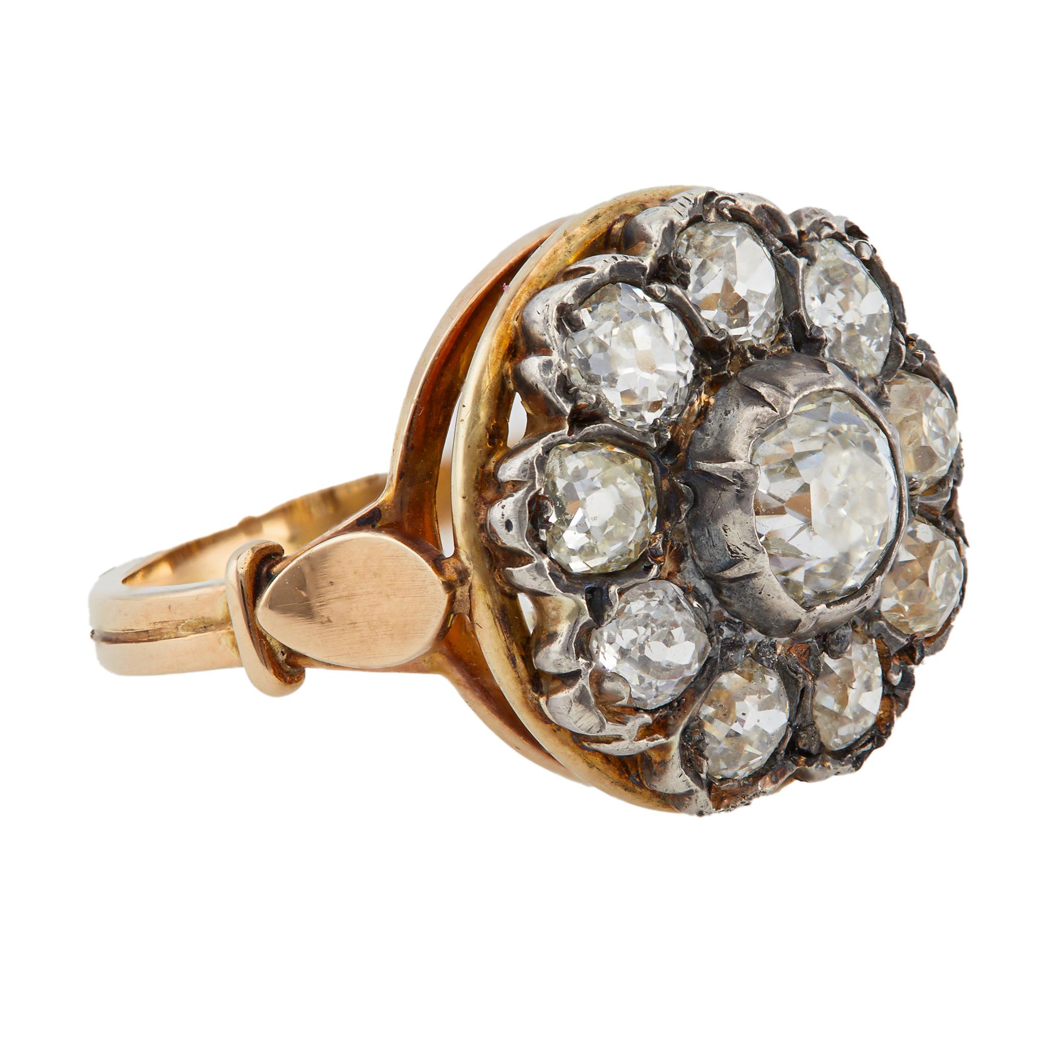 Antiker französischer Diamant-Silber-Cluster-Ring aus 18 Karat Roségold für Damen oder Herren