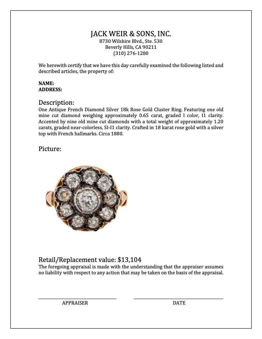 Antiker französischer Diamant-Silber-Cluster-Ring aus 18 Karat Roségold 1