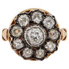 Antique French Diamond Silver 18k Rose Gold Cluster Ring