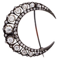 Antique French Diamond Silver and 18k Yellow Gold Crescent Moon Brooch