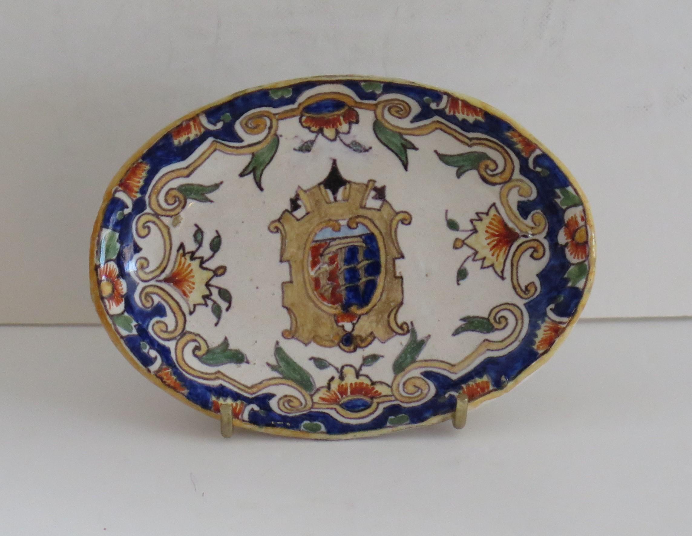 Hand-Painted Antique French Dieppe Faience Handpainted Armorial Dish, Ca 1870