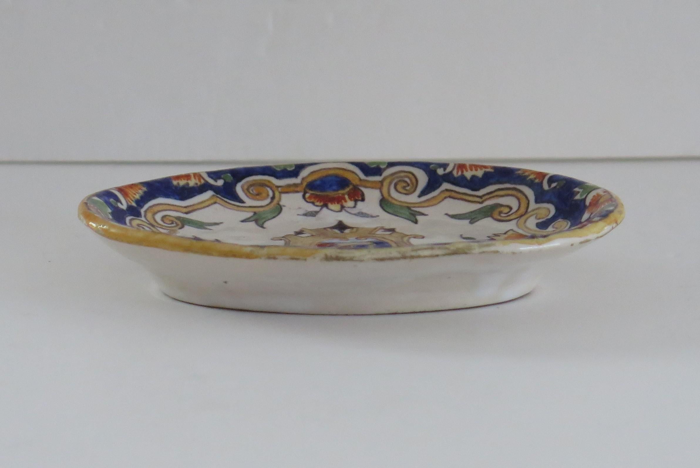 18th Century Antique French Dieppe Faience Handpainted Armorial Dish, Ca 1870