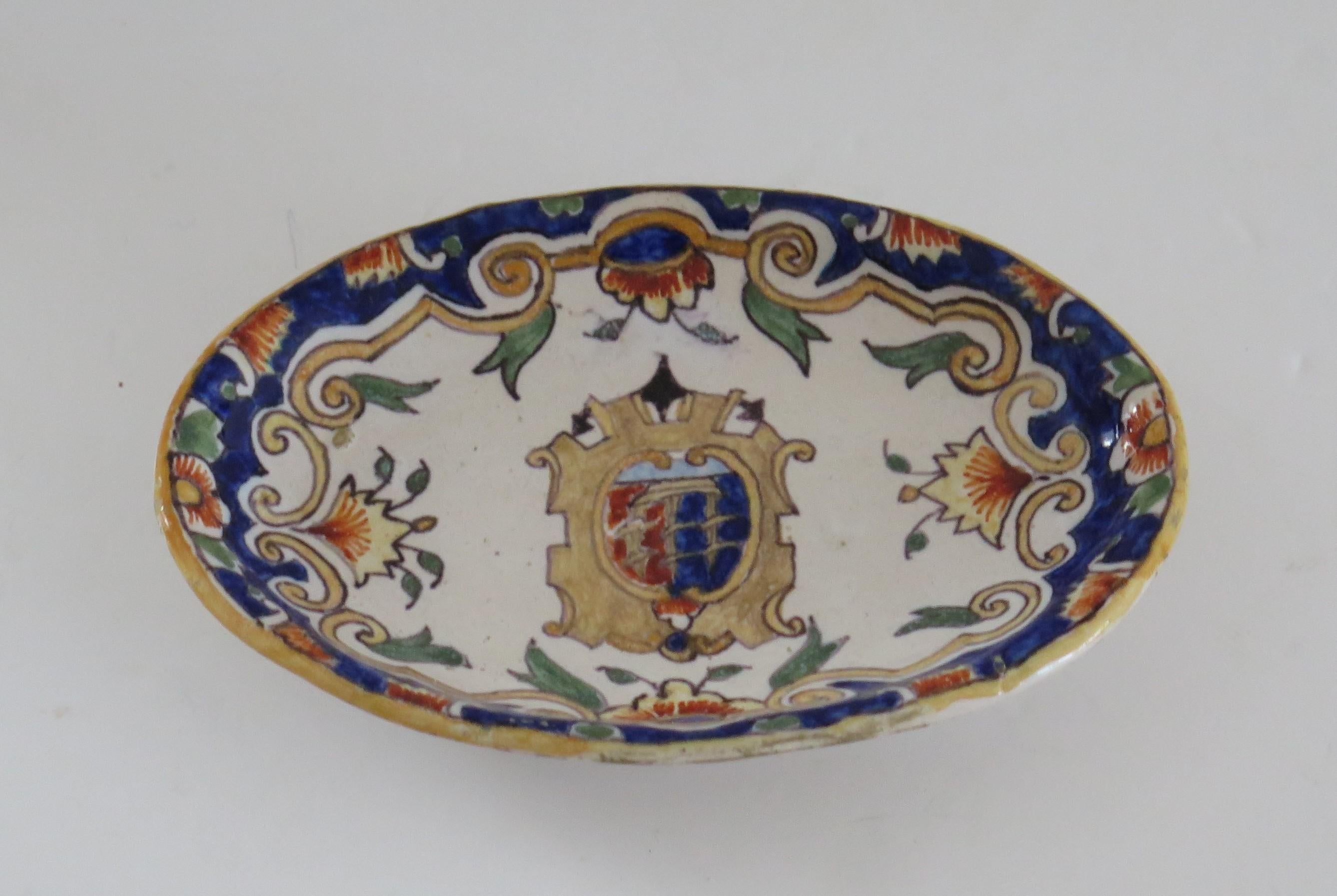 Pottery Antique French Dieppe Faience Handpainted Armorial Dish, Ca 1870