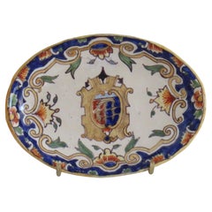 Antique French Dieppe Faience Handpainted Armorial Dish, Ca 1870