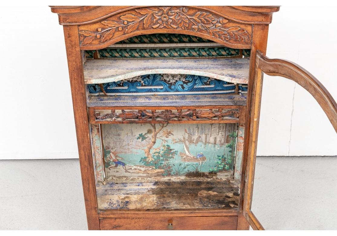 Wood Antique French Diminutive Carved and Paint Decorated Display Cabinet For Sale