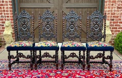 Chaises de salle à manger anciennes SET OF 4 Needlepoint Barley Twist Navy Walnut 19C