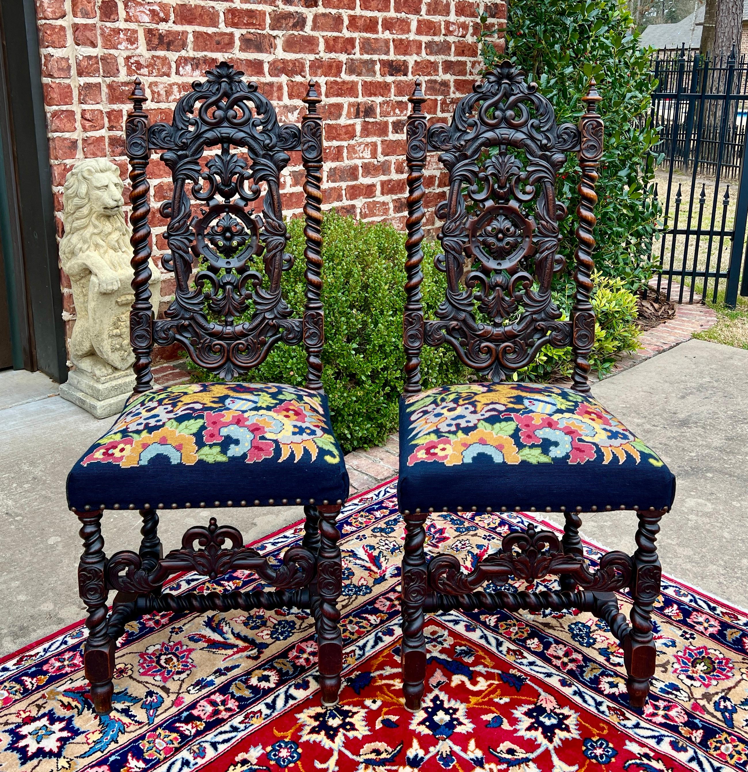 Antique French Dining Chairs SET OF 4 Needlepoint Barley Twist Navy Walnut 19C 2