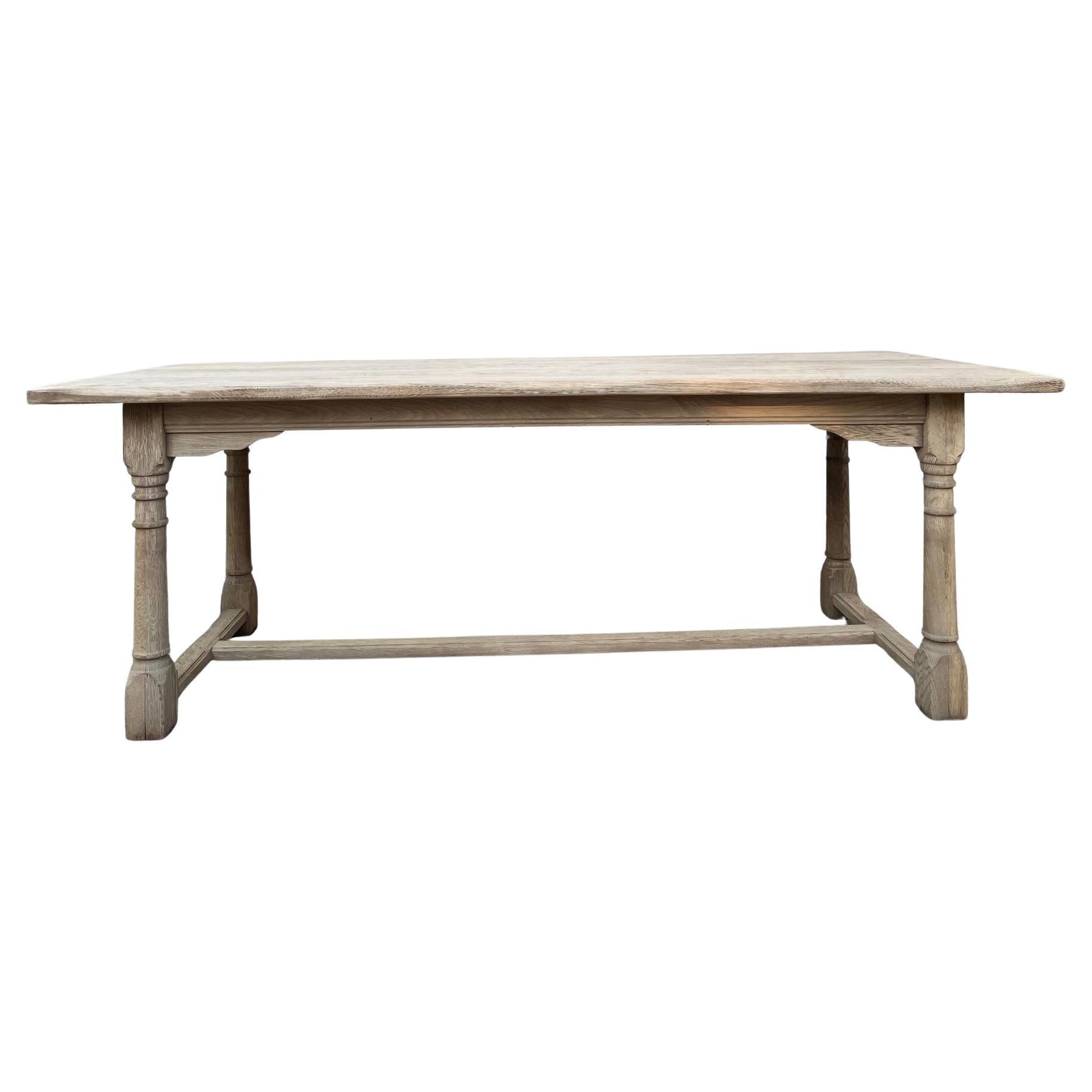 Antique French Dining Farm Bakers Table Bleached Oak Baluster Leg c1920 For Sale