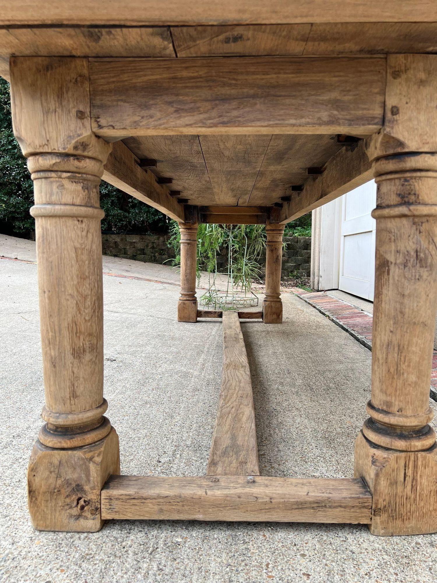 Antique French Dining Farm Table Bleached CARVED Oak 8 ft. LARGE c1880 For Sale 8